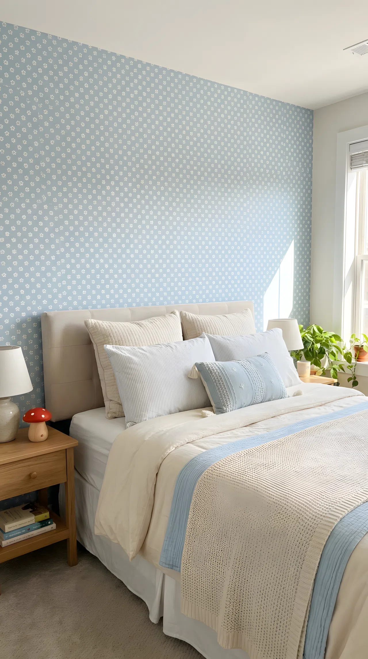 Neatly made bed with one accent wall covered in a small scale soft sky blue removable wallpaper print (RGB 186, 212, 228), organized and beautifully arranged bedding, small red mushroom toy on the nightstand, bright natural light, clean rental-friendly bedroom, real-life photography style, vibrant, Pinterest-ready
