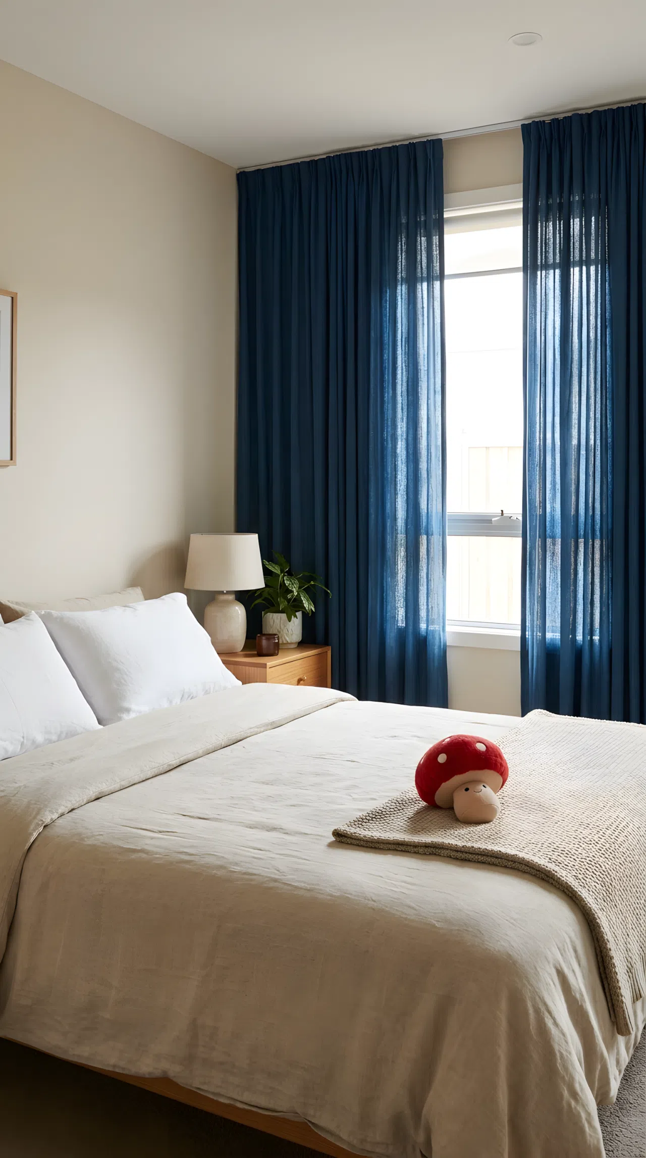 Neatly made bed near a window with deep blue floor to ceiling curtains (RGB 30, 58, 95) beautifully arranged, neutral walls, small red mushroom toy on the bed, bright natural light streaming through the fabric, clean and organized bedroom, real-life stock photography, vibrant, Pinterest-ready