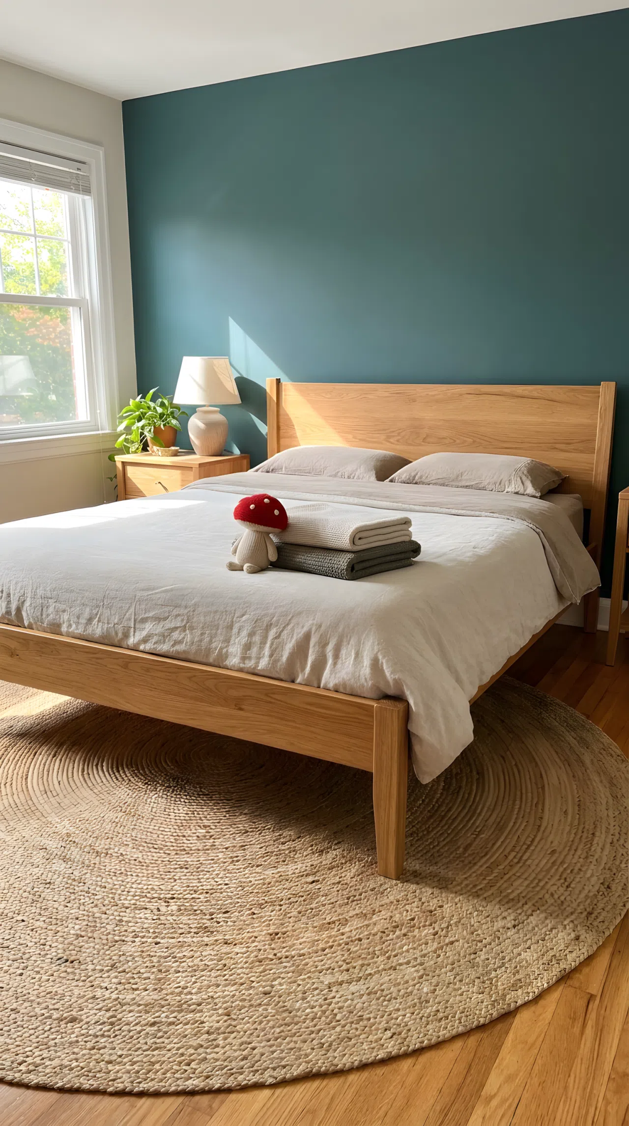 Neatly made solid wood bed frame against a blue-green teal wall (RGB 58, 92, 88), woven jute rug beautifully arranged on the floor, small red mushroom toy on the bed, bright natural light, organized and clean bedroom, real-life photography style, vibrant, Pinterest-ready