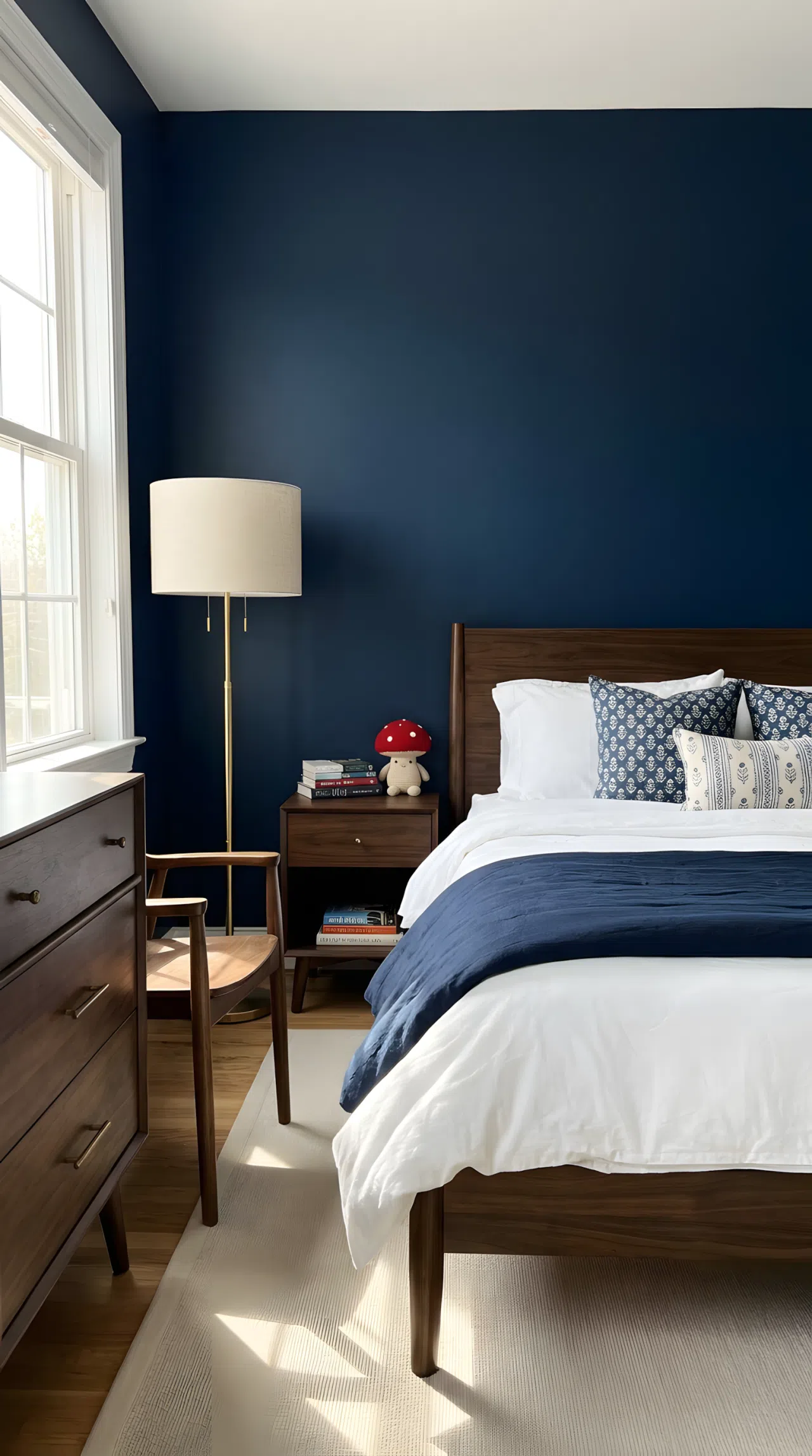 Neatly made bed in a navy blue bedroom (RGB 21, 47, 82), dark wood furniture with brass hardware beautifully arranged, brass floor lamp, small red mushroom toy on the nightstand, bright natural light, clean and organized, real-life stock photography, vibrant, Pinterest-ready