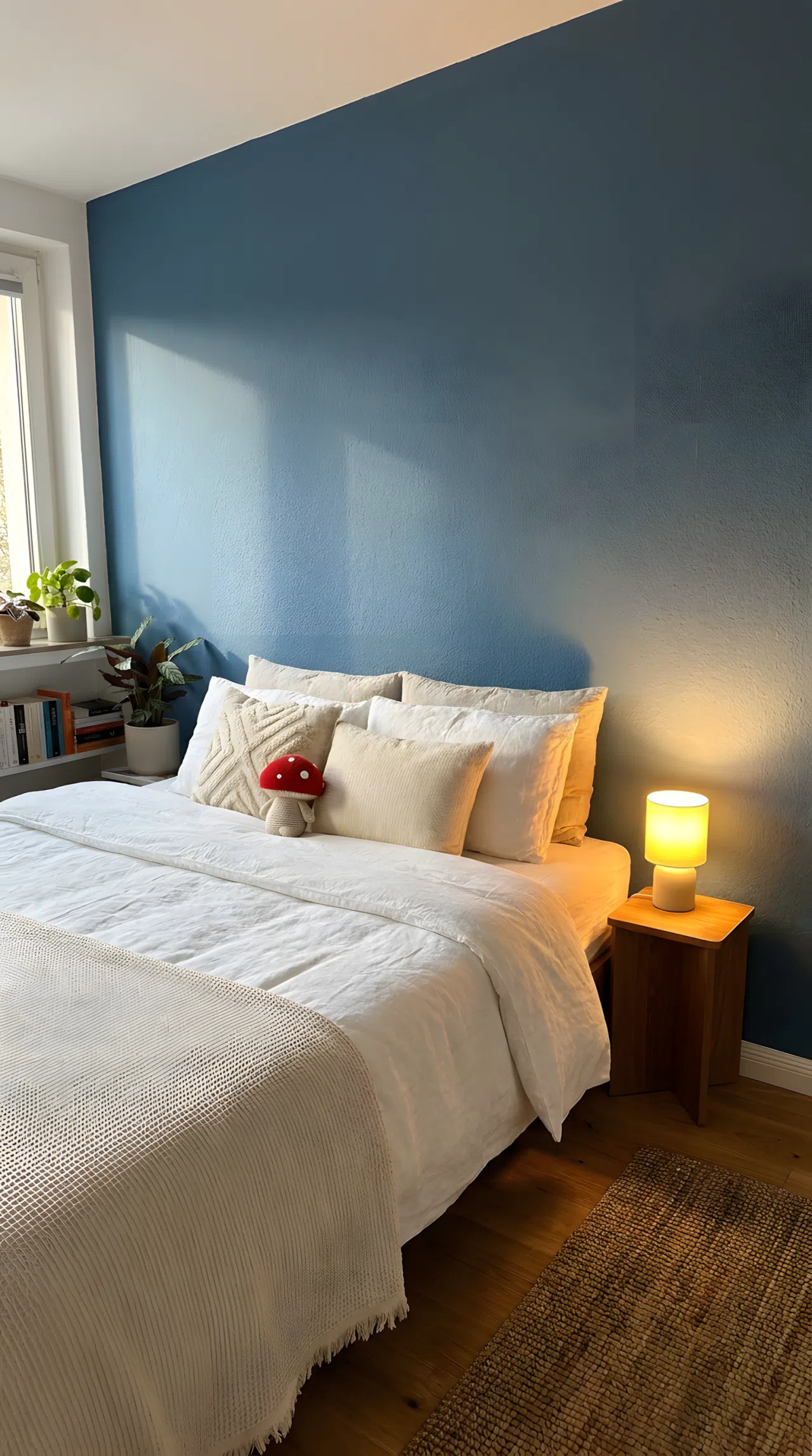 Neatly made bed beside a blue wall (RGB 90, 120, 150), a lamp positioned low and angled so its light washes upward across the wall surface, beautifully arranged bedding, small red mushroom toy on the pillow, bright natural light grazing across the wall from the side, organized and clean bedroom, real-life photography, vibrant, Pinterest-ready