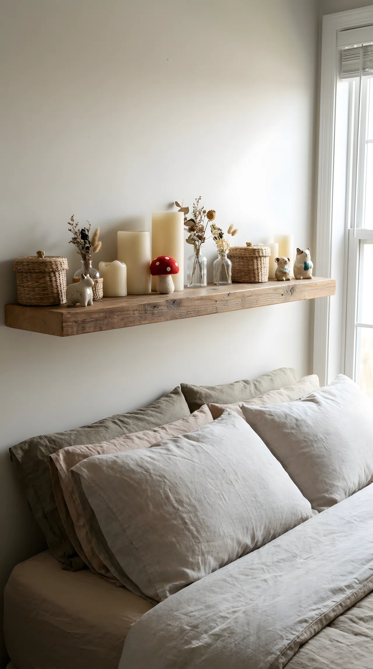 Real-life photograph, stock photo style, open wooden shelf above neatly made bed displaying candles, small vases, and trinkets, small cute red mushroom-shaped toy tucked between candles, beautifully arranged, clean and organized, bright natural light, vibrant curated colors, Pinterest-ready, not a render, not an illustration.