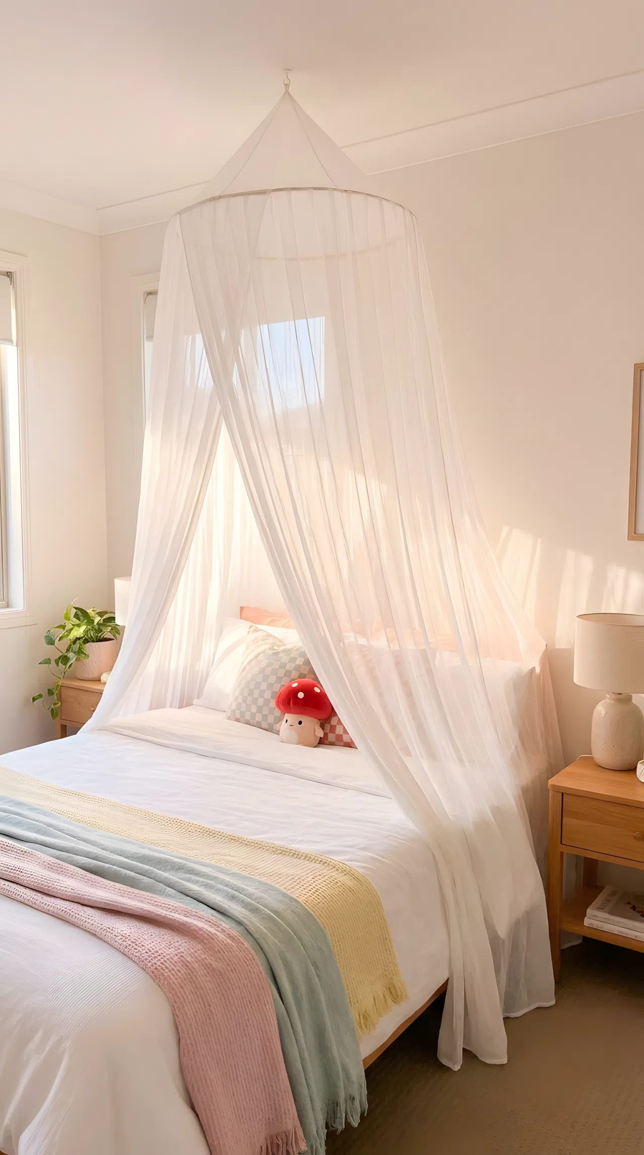 Real-life photograph, stock photo style, bedroom with sheer white canopy draped from ceiling around neatly made bed, small cute red mushroom-shaped toy on pillow visible through sheer fabric, beautifully arranged, clean and organized, bright natural light filtering through canopy, vibrant soft tones, Pinterest-ready, not a render, not an illustration.