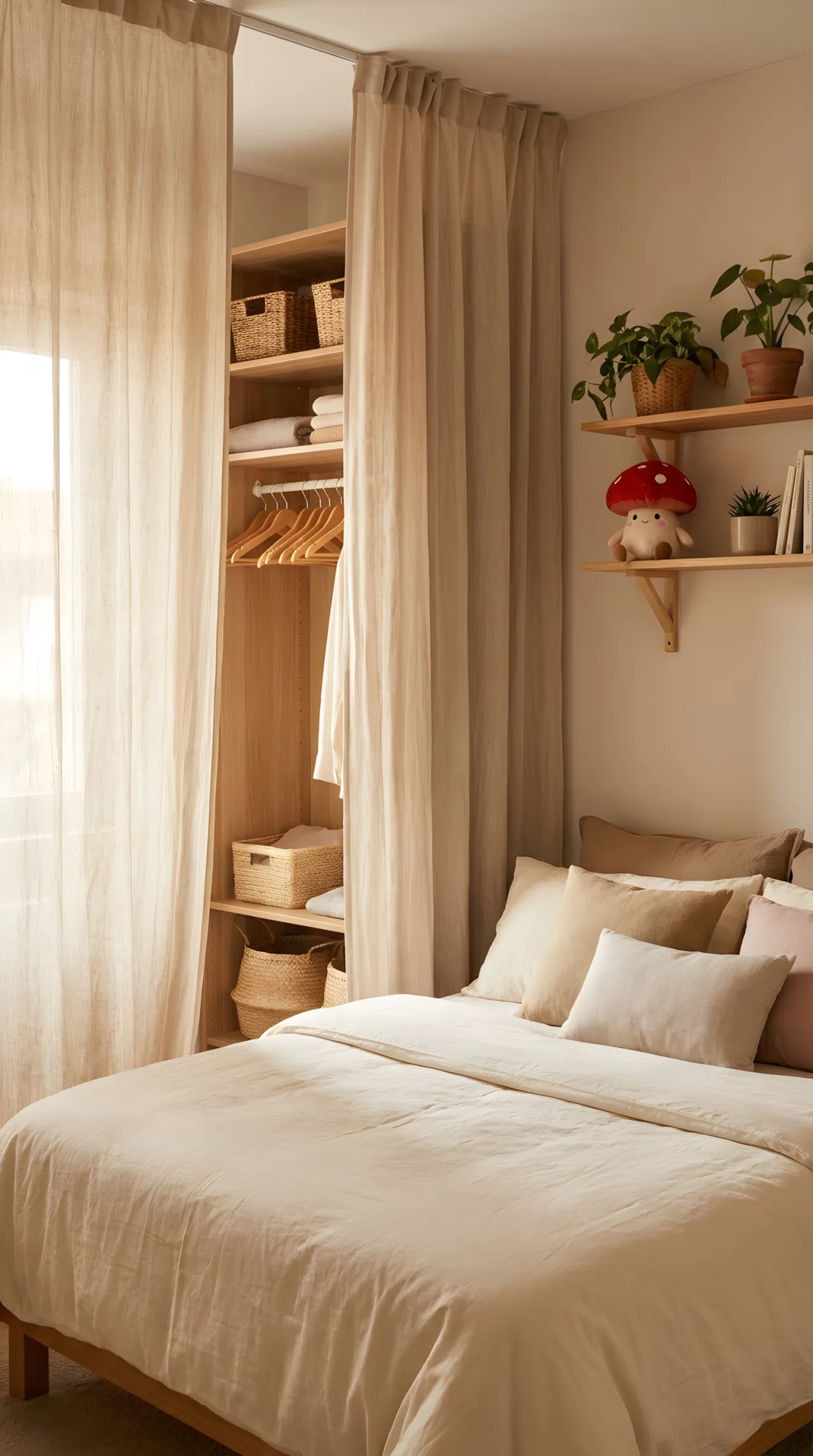 Real-life photograph, stock photo style, small bedroom with flowing linen curtains covering open closet near neatly made bed, small cute red mushroom-shaped toy on nearby shelf, beautifully arranged, clean and organized, bright natural light, vibrant soft tones, Pinterest-ready, not a render, not an illustration.
