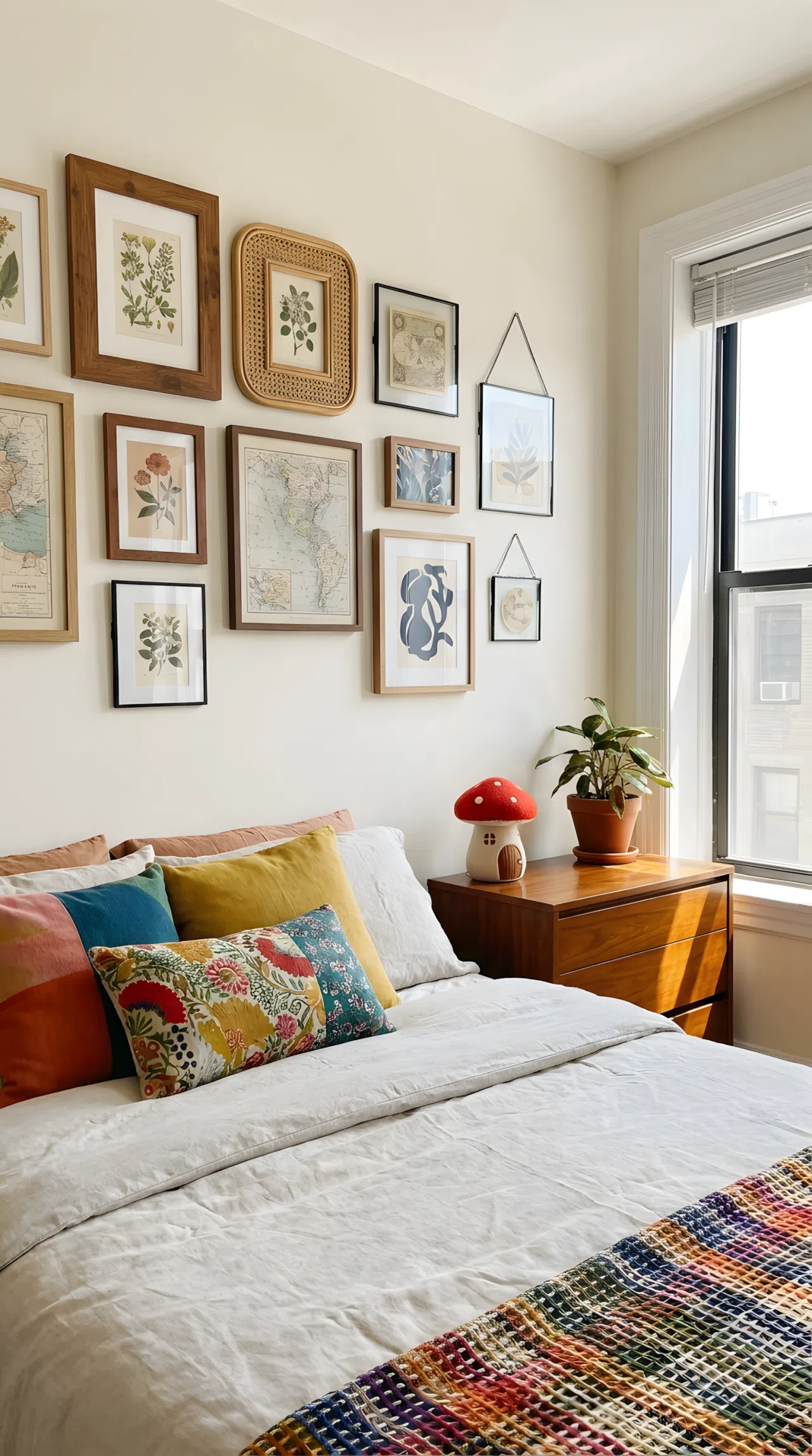 Real-life photograph, stock photo style, gallery wall with mixed wooden, rattan, and thin metal frames beside neatly made bed, small cute red mushroom-shaped toy on nearby dresser, beautifully arranged, clean and organized, bright natural light, vibrant eclectic tones, Pinterest-ready, not a render, not an illustration.