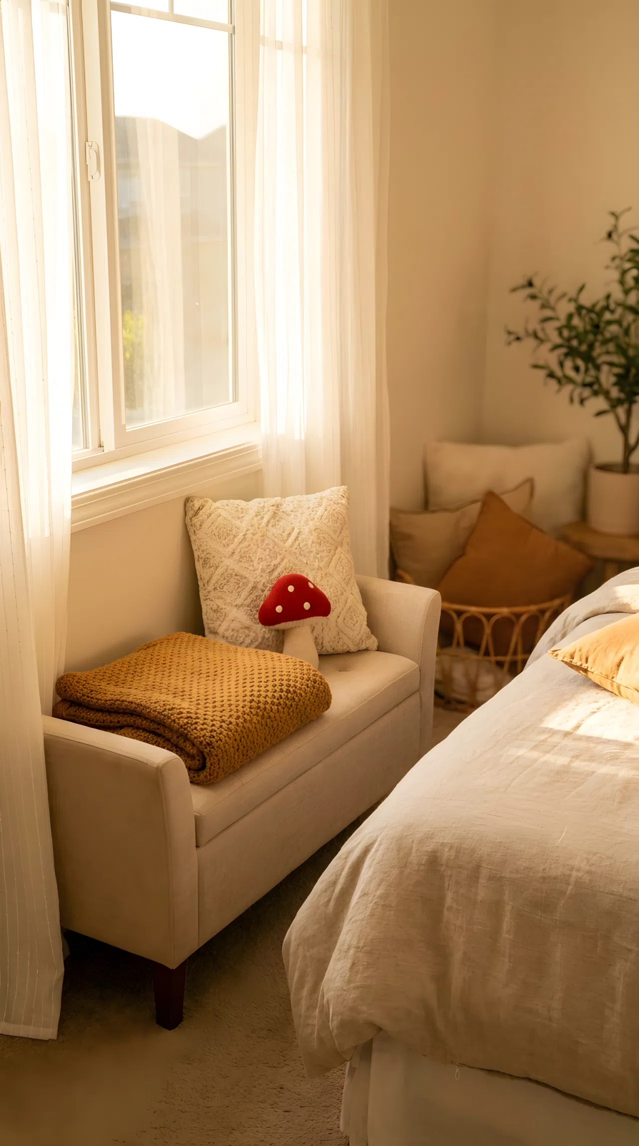 Real-life photograph, stock photo style, small upholstered bench beneath window near neatly made bed, folded throw and cushion, small cute red mushroom-shaped toy on cushion, beautifully arranged, clean and organized, bright natural light through window, vibrant warm tones, Pinterest-ready, not a render, not an illustration.