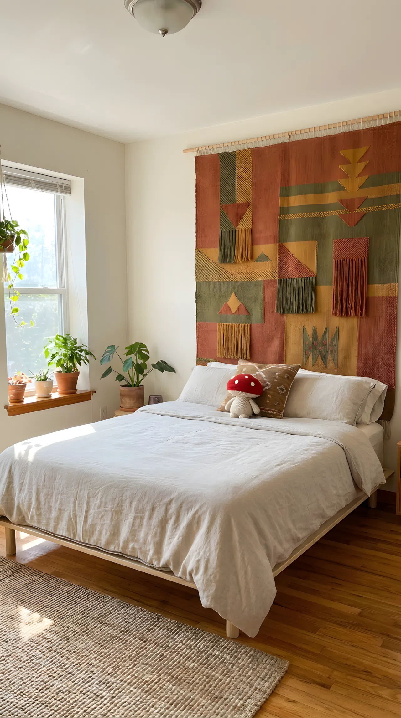 Real-life photograph, stock photo style, bedroom with woven earthy-toned tapestry hung behind neatly made bed as headboard alternative, small cute red mushroom-shaped toy on pillow, beautifully arranged, clean and organized, bright natural light, vibrant pattern colors, Pinterest-ready, not a render, not an illustration.