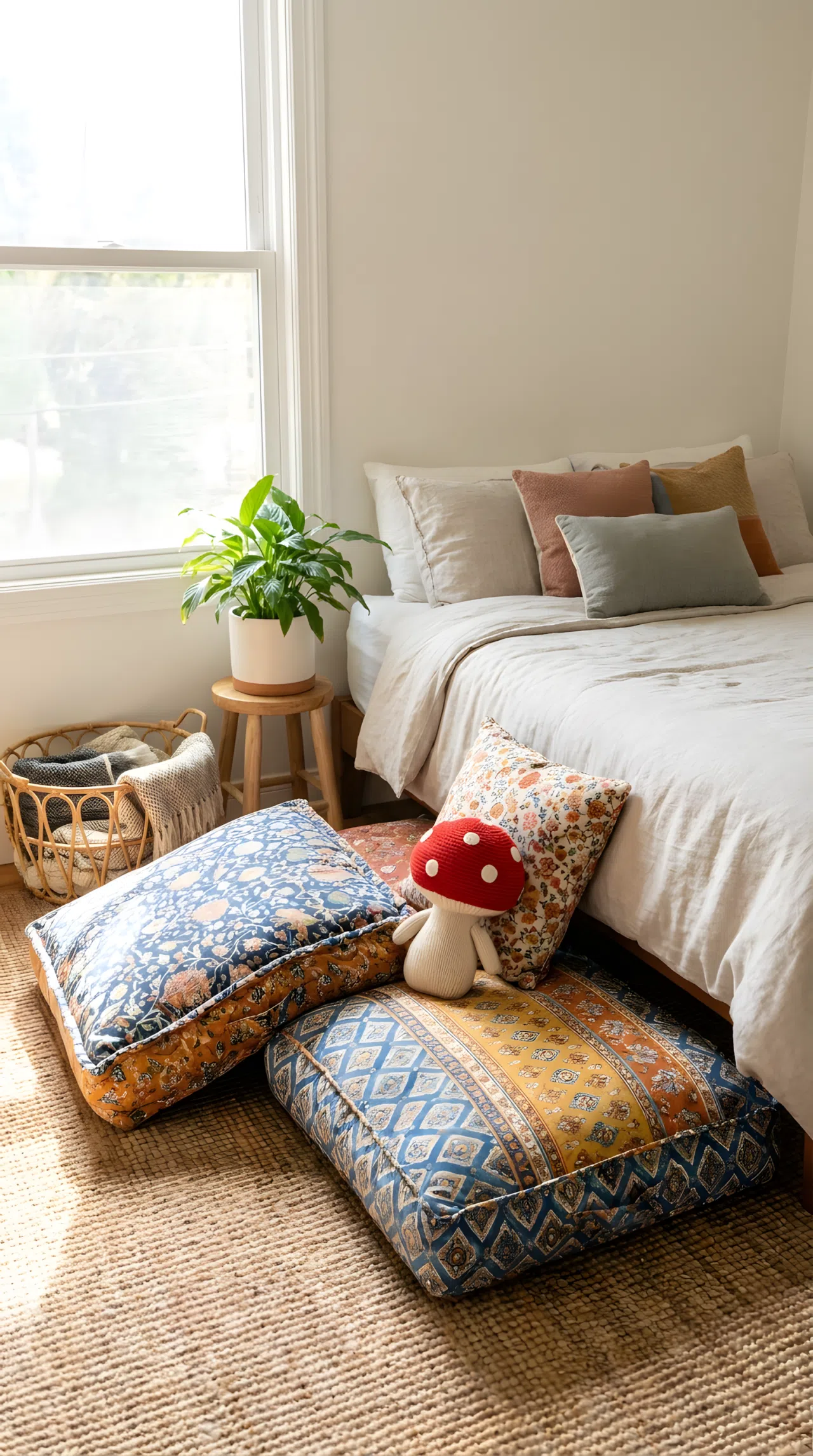 Real-life photograph, stock photo style, bedroom corner with grouped patterned floor cushions near neatly made bed, small cute red mushroom-shaped toy propped against cushion, beautifully arranged, clean and organized, bright natural light, vibrant mixed patterns, Pinterest-ready, not a render, not an illustration.