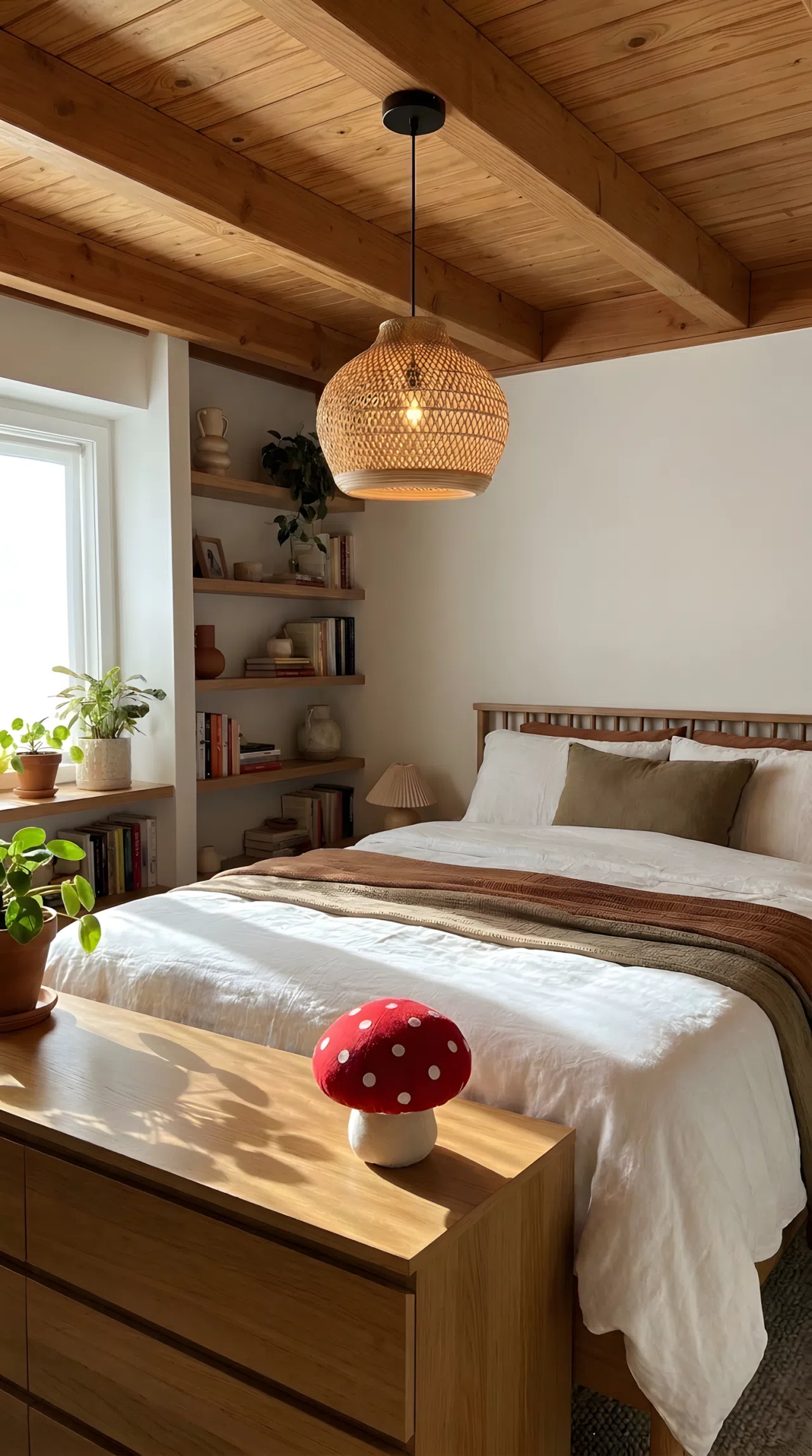 Real-life photograph, stock photo style, bedroom with woven rattan pendant light centered on ceiling casting dappled warm shadows near neatly made bed, small cute red mushroom-shaped toy on dresser catching dappled light, beautifully arranged, clean and organized, bright natural light blending with warm glow, vibrant tones, Pinterest-ready, not a render, not an illustration.