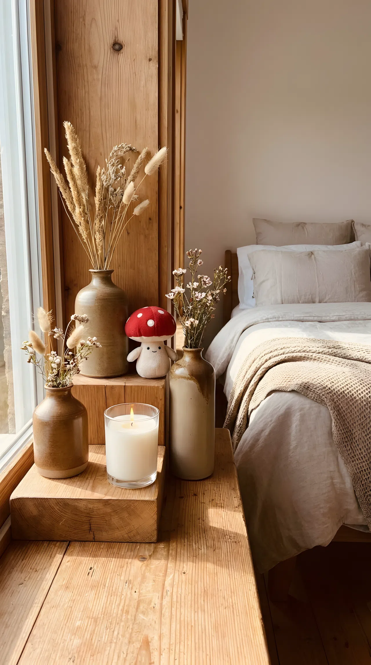 Real-life photograph, stock photo style, windowsill vignette with ceramic vases and candle at varying heights near neatly made bed, small cute red mushroom-shaped toy tucked beside vases, beautifully arranged, clean and organized, bright natural light through window, vibrant warm tones, Pinterest-ready, not a render, not an illustration.