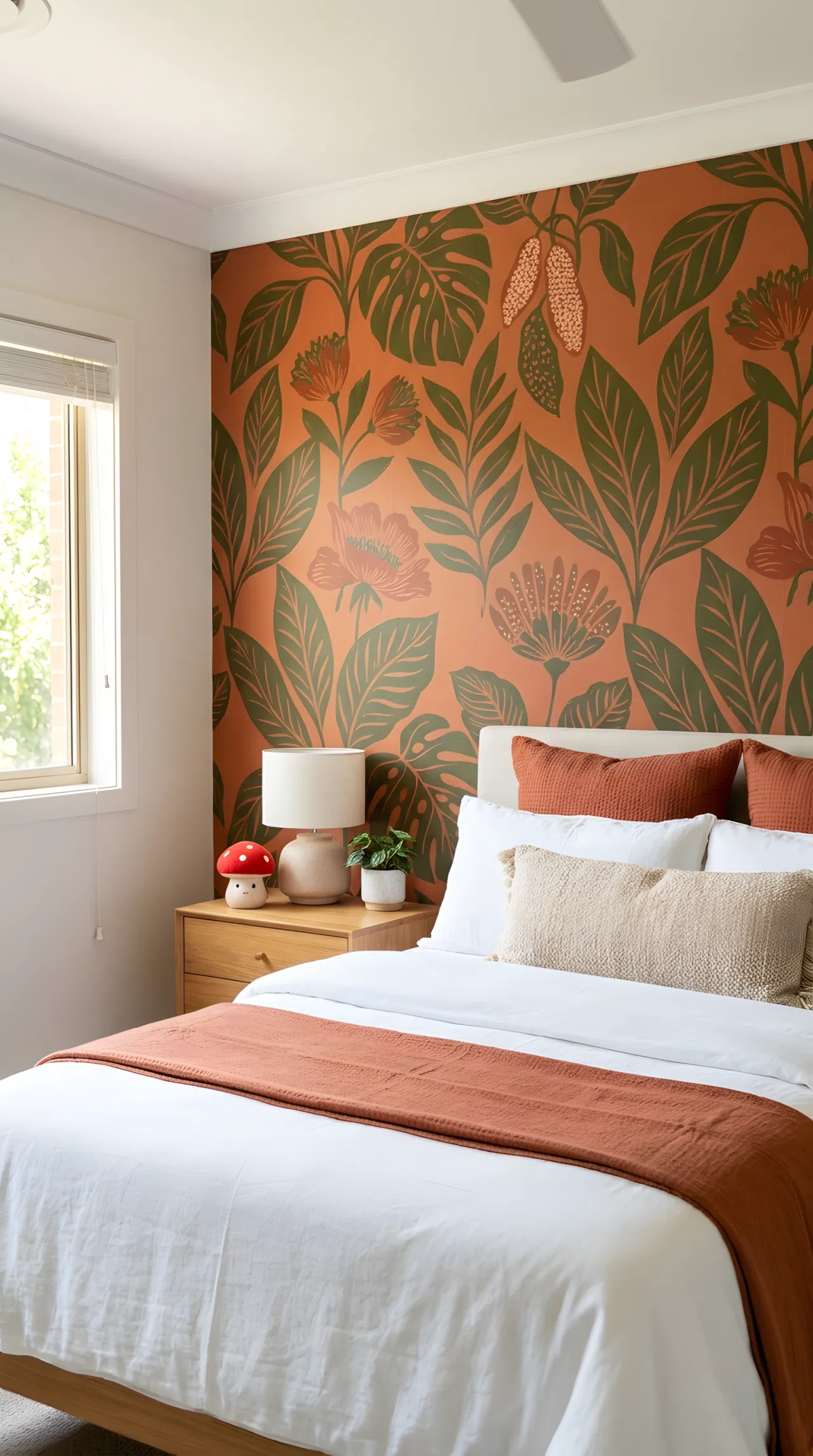 Real-life photograph, stock photo style, bedroom with bold botanical patterned wallpaper (warm terracotta RGB 204,102,72 and olive RGB 85,107,47) behind neatly made bed, small cute red mushroom-shaped toy on nightstand, beautifully arranged, clean and organized, bright natural light, vibrant pattern colors, Pinterest-ready, not a render, not an illustration.
