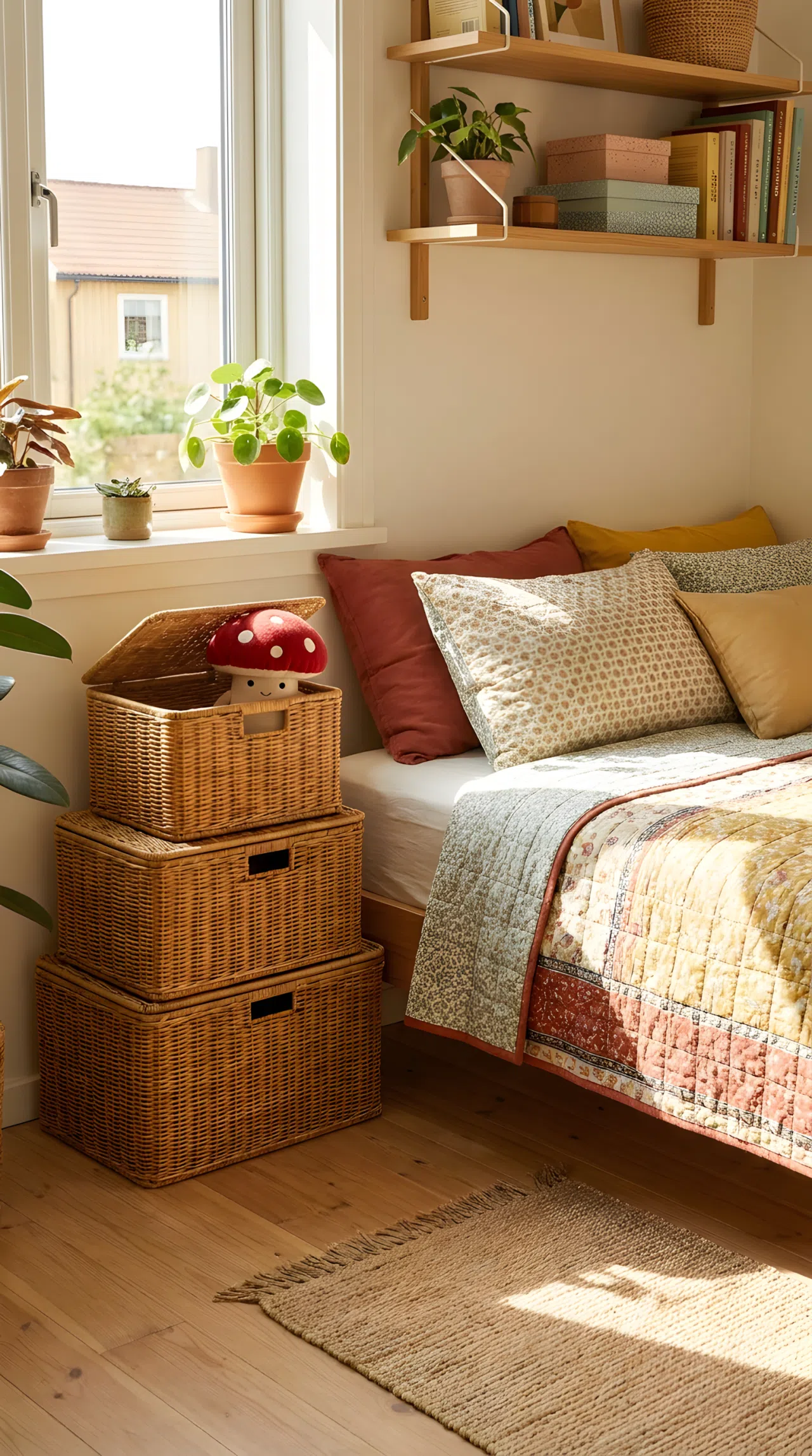 Real-life photograph, stock photo style, small organized bedroom, neatly made bed beside stacked woven rattan storage baskets, clean floor, small cute red mushroom-shaped toy peeking out of a basket, beautifully arranged, clutter-free, bright natural light, vibrant colors, Pinterest-ready, not a render, not an illustration.