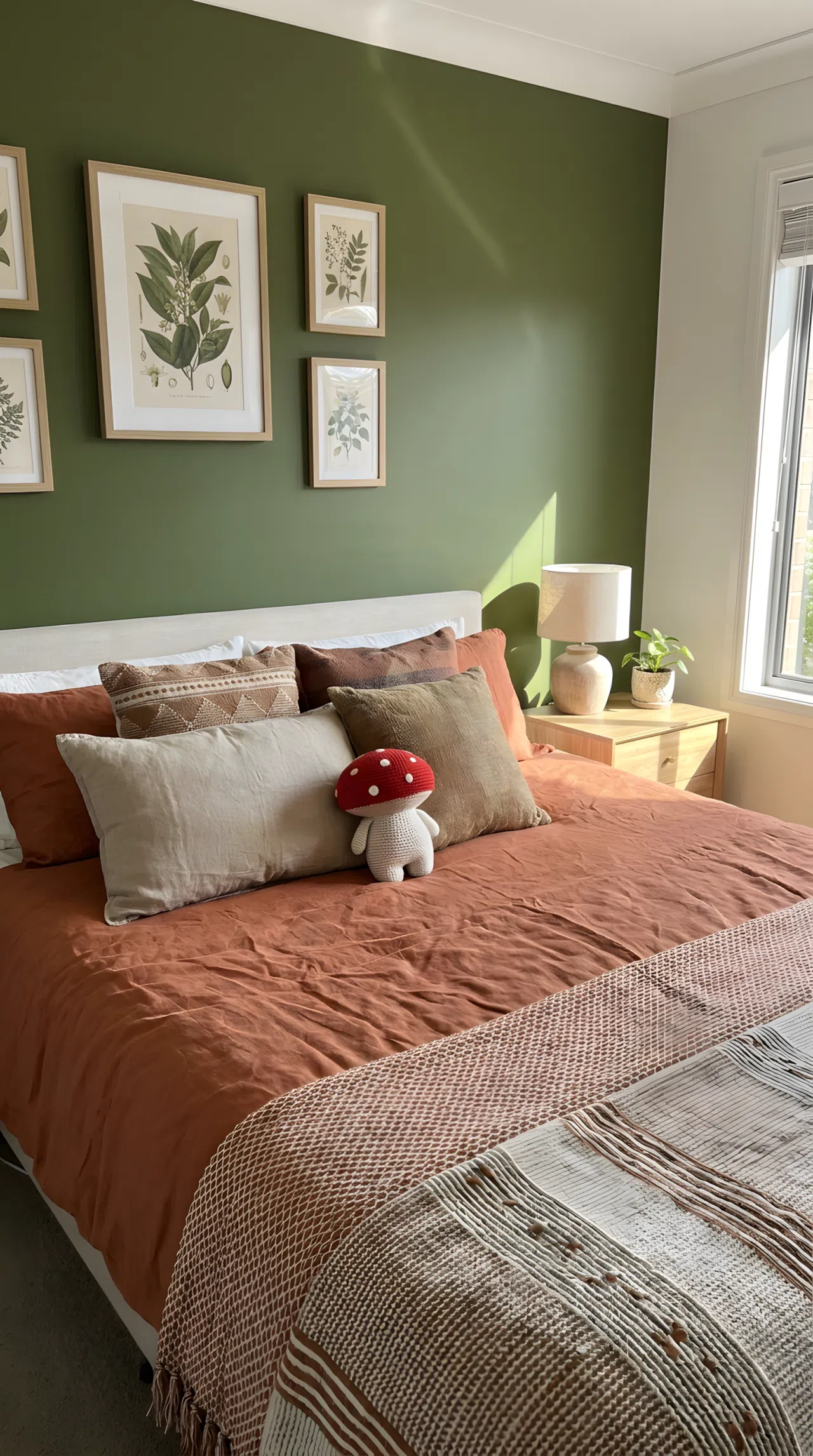 Real-life photograph, stock photo style, bedroom with olive green accent wall (RGB 85,107,47) and terracotta bedding (RGB 204,102,72), neatly made bed, beautifully arranged pillows and throws, small cute red mushroom-shaped toy on pillow, clean and organized, bright natural light, vibrant saturated colors, Pinterest-ready, not a render, not an illustration.