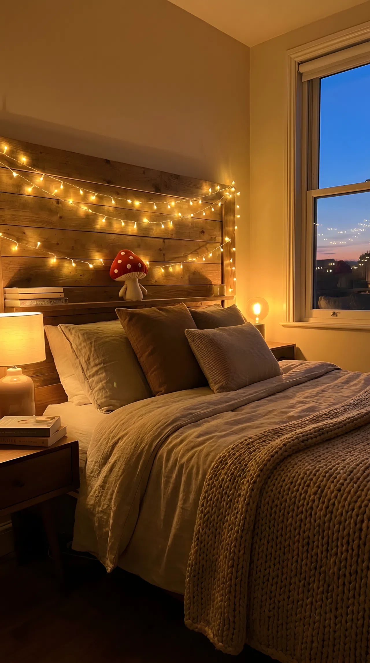 Real-life photograph, stock photo style, cozy bedroom at dusk, warm fairy lights strung horizontally along headboard casting soft downward glow onto neatly made bed, small cute red mushroom-shaped toy tucked near the lights catching the warm light, beautifully arranged, organized, clean, vibrant warm glow, Pinterest-ready, not a render, not an illustration.