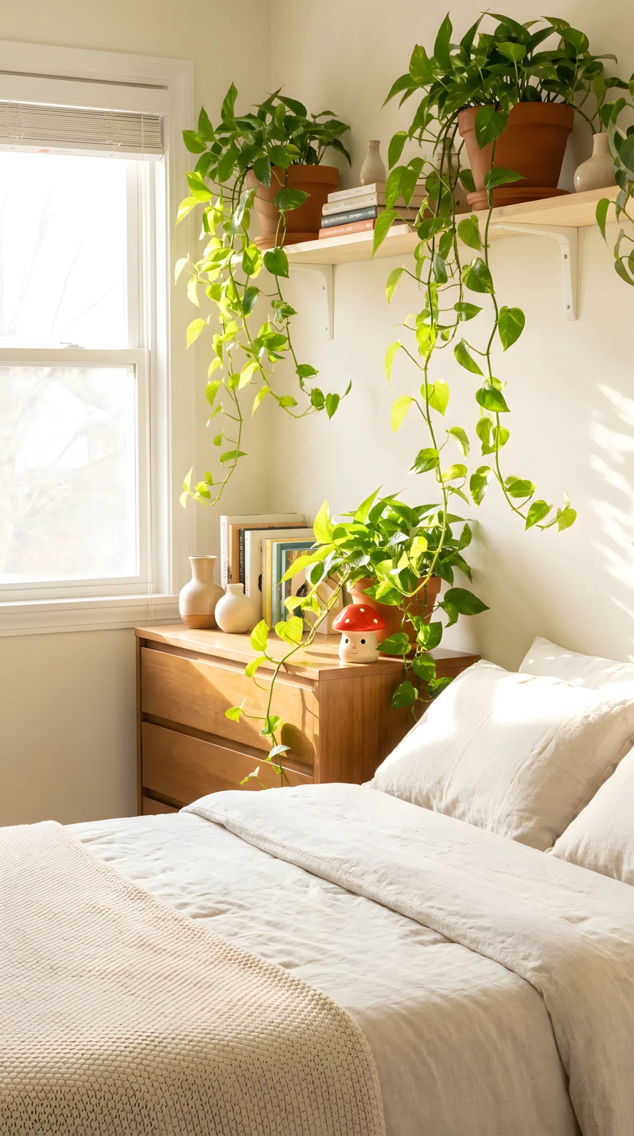 Real-life photograph, stock photo style, sunlit bedroom corner with trailing pothos plants hanging near window above neatly made bed, small cute red mushroom-shaped toy nestled among leaves on dresser, beautifully arranged, clean and organized, bright natural light, vibrant green tones, Pinterest-ready, not a render, not an illustration.