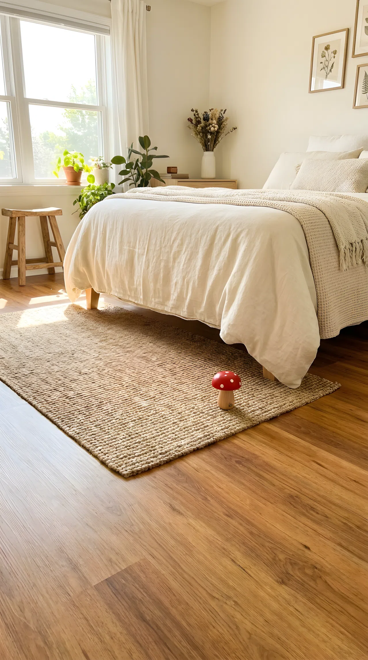 Real-life photograph, stock photo style, bedroom with woven jute rug beneath foot of neatly made bed, wood flooring, small cute red mushroom-shaped toy sitting on rug edge, beautifully arranged, clean and organized, bright natural light, vibrant earthy texture, Pinterest-ready, not a render, not an illustration.