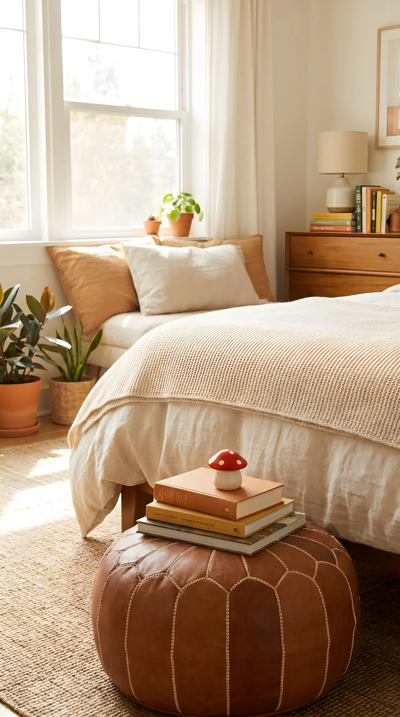 Real-life photograph, stock photo style, bedroom with round woven leather pouf at foot of neatly made bed, stacked books on pouf topped with small cute red mushroom-shaped toy, beautifully arranged, clean and organized, bright natural light, vibrant warm tones, Pinterest-ready, not a render, not an illustration.