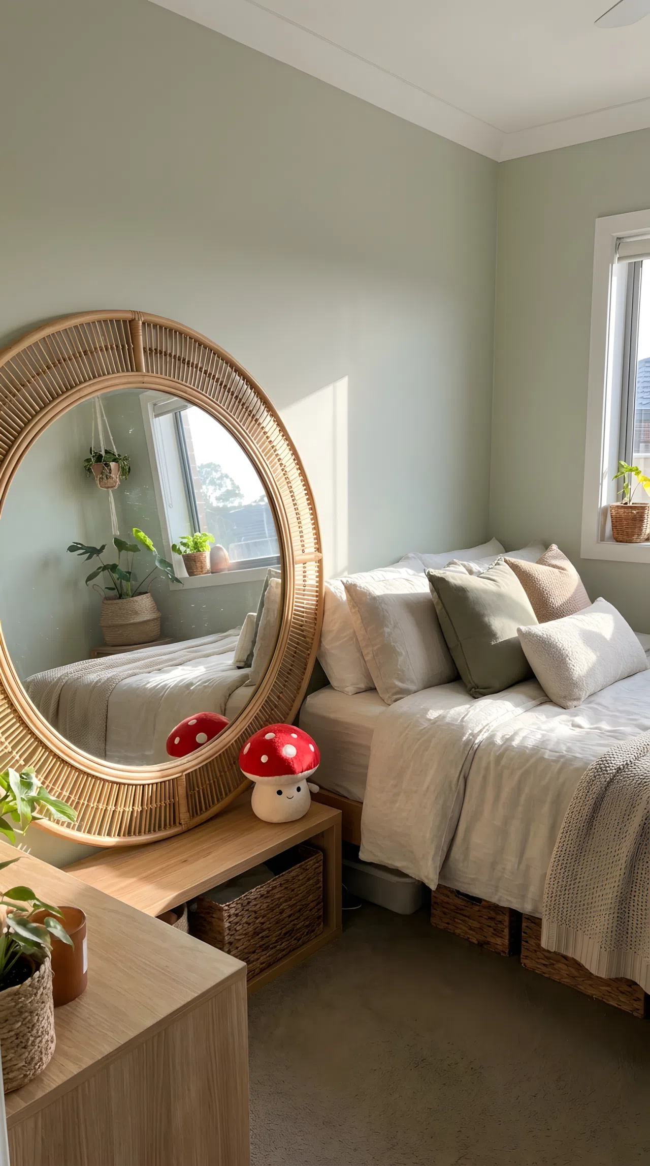 Real-life photograph, stock photo style, small bedroom with large round rattan-framed mirror leaning against wall opposite neatly made bed, small cute red mushroom-shaped toy propped on mirror base, beautifully arranged, clean and organized, bright natural light bouncing off mirror, vibrant tones, Pinterest-ready, not a render, not an illustration.