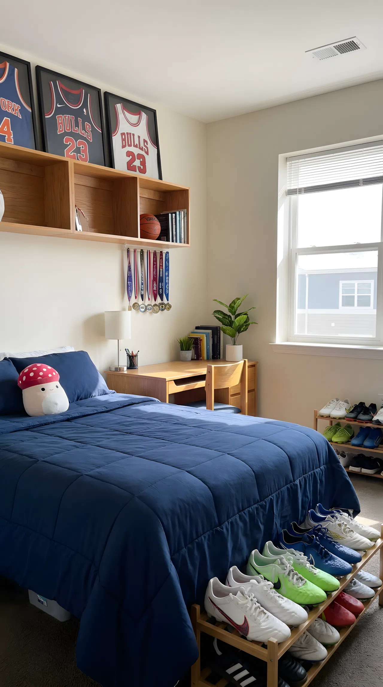 A tidy boy's bedroom with a neatly made navy blue bed featuring a small red mushroom-shaped plush toy resting on the pillow, a wall-mounted shelf displaying basketball jerseys and medals, a simple wooden desk nearby, organized cleats on a shoe rack, bright natural light streaming through the window, real-life lifestyle photography, clean and beautifully arranged, vibrant colors, no people, no text overlays.