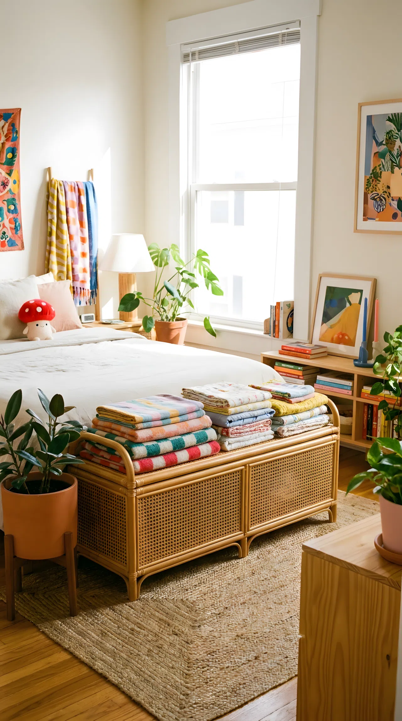 A neatly made bedroom with a woven storage bench at the foot of the bed holding tidy folded items, small red mushroom-shaped plush toy on the pillow, organized floor space, bright natural light, clean and beautifully arranged, real-life lifestyle photography, vibrant colors, no people, no text overlays.