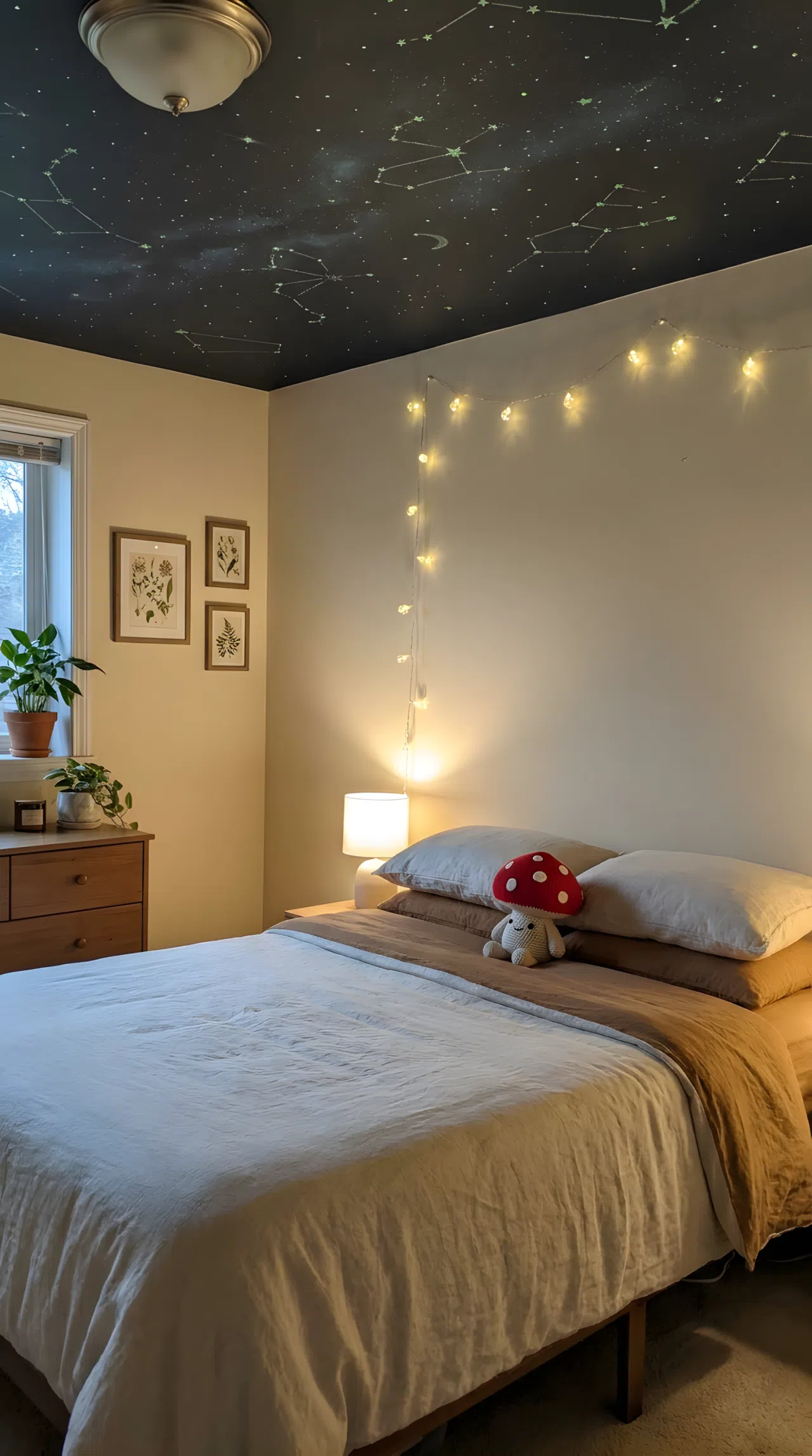 A neatly made bedroom with a subtle glow-star galaxy ceiling mural, small red mushroom-shaped plush toy resting on a beautifully arranged bed, simple neutral walls, soft ambient light, clean and organized, real-life lifestyle photography, vibrant colors, no people, no text overlays.