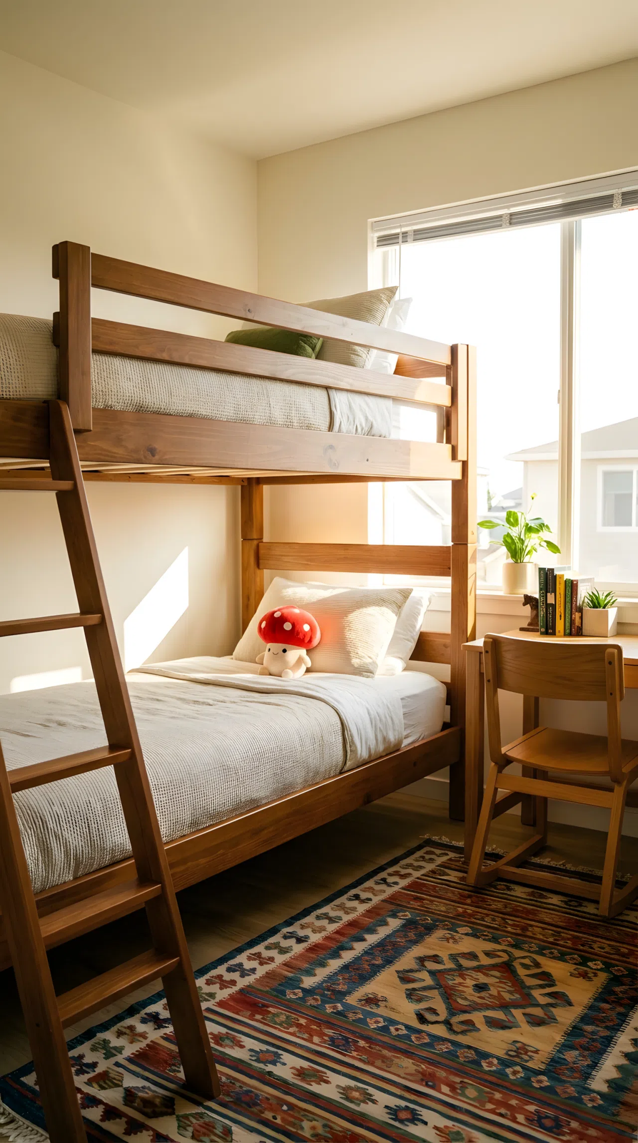 A neatly made bedroom with a sturdy wooden bunk bed frame, small red mushroom-shaped plush toy on the bottom bunk pillow, open floor space below with a rug and small desk, bright natural light, clean and organized, real-life lifestyle photography, vibrant colors, no people, no text overlays.
