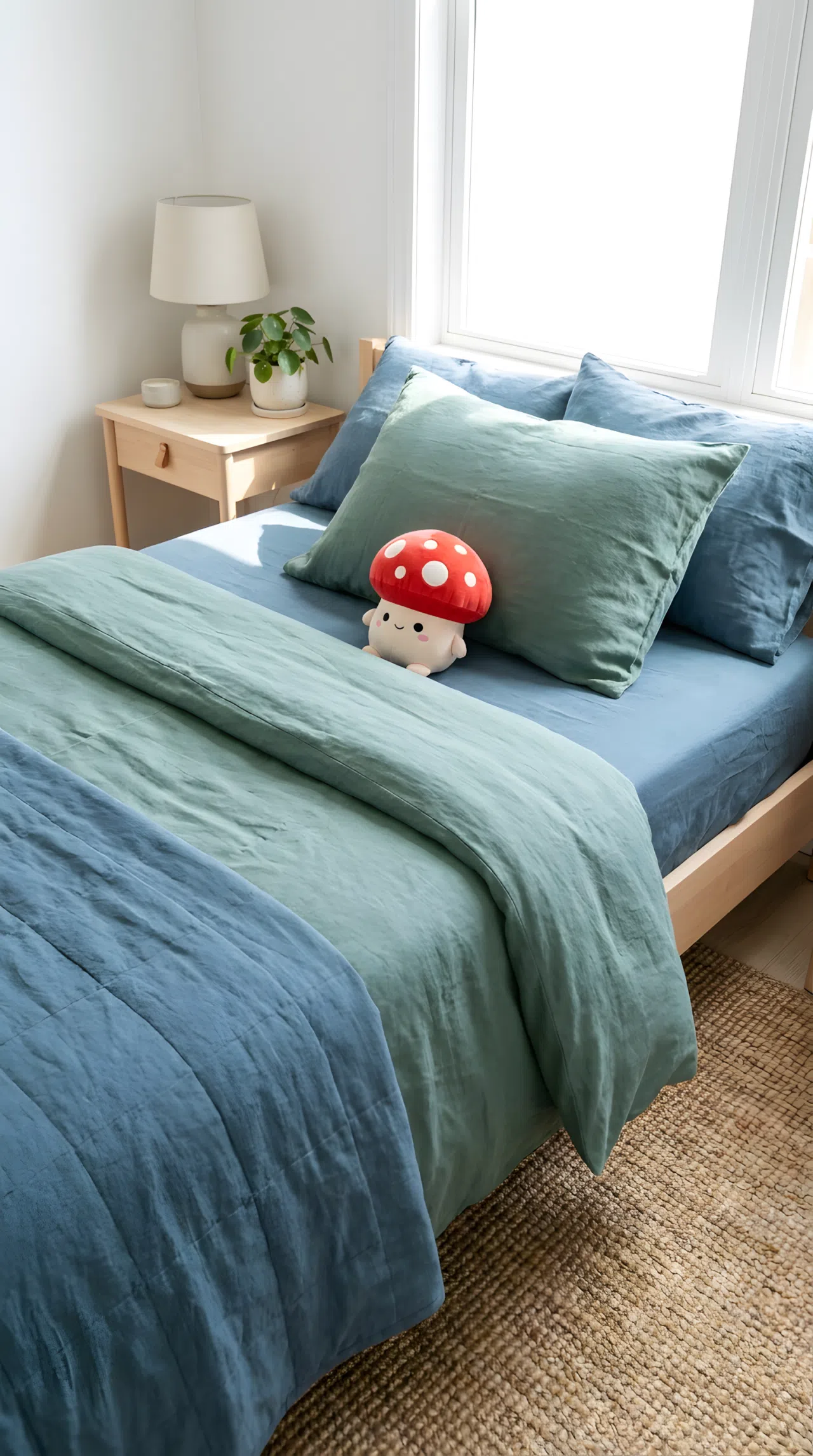 A neatly made bed with cool blue and muted jade bedding (RGB 58, 95, 110 and RGB 90, 130, 105), small red mushroom-shaped plush toy resting on the pillow, minimal neutral furniture, bright natural light, clean and beautifully arranged, real-life lifestyle photography, vibrant colors, no people, no text overlays.