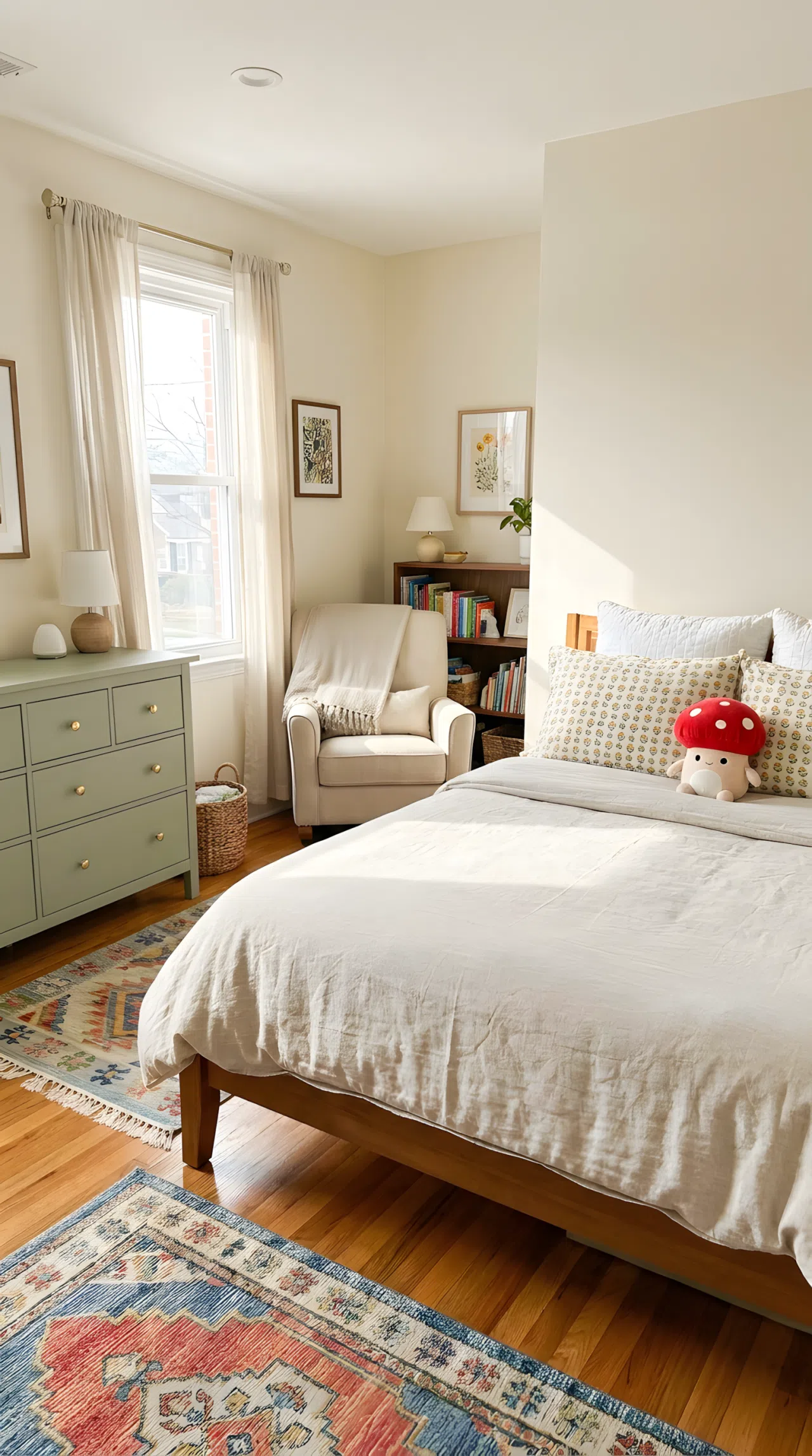 A neatly made bedroom featuring a freshly painted dresser with new hardware, small red mushroom-shaped plush toy on a beautifully arranged bed, rearranged existing furniture, bright natural light, clean and organized, real-life lifestyle photography, vibrant colors, no people, no text overlays.