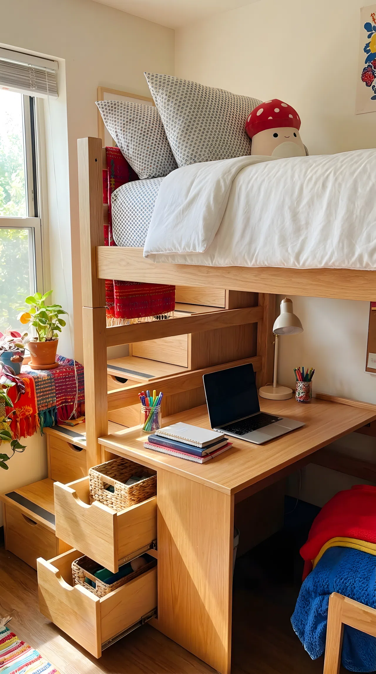 A small tidy bedroom featuring a neatly made loft bed with a small red mushroom-shaped plush toy on the pillow, a built-in desk underneath with organized study supplies, storage drawers integrated into the bed stairs, bright natural light, clean and beautifully arranged, real-life lifestyle photography, vibrant colors, no people, no text overlays.