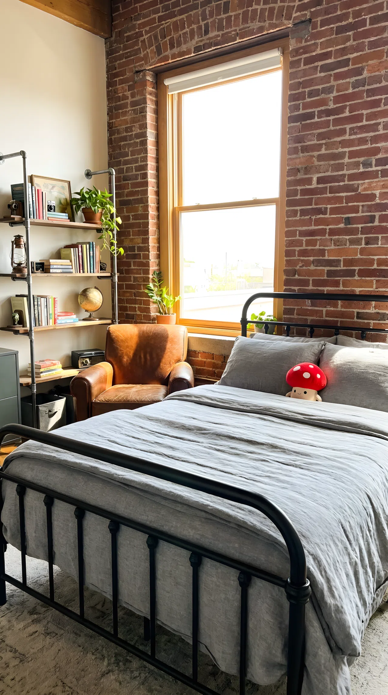 A neatly made industrial-style teen bedroom with a black metal bed frame, small red mushroom-shaped plush toy resting on the beautifully arranged gray bedding, exposed brick accent wall, metal shelving unit, leather-look accent chair, bright natural light, clean and organized, real-life lifestyle photography, vibrant colors, no people, no text overlays.