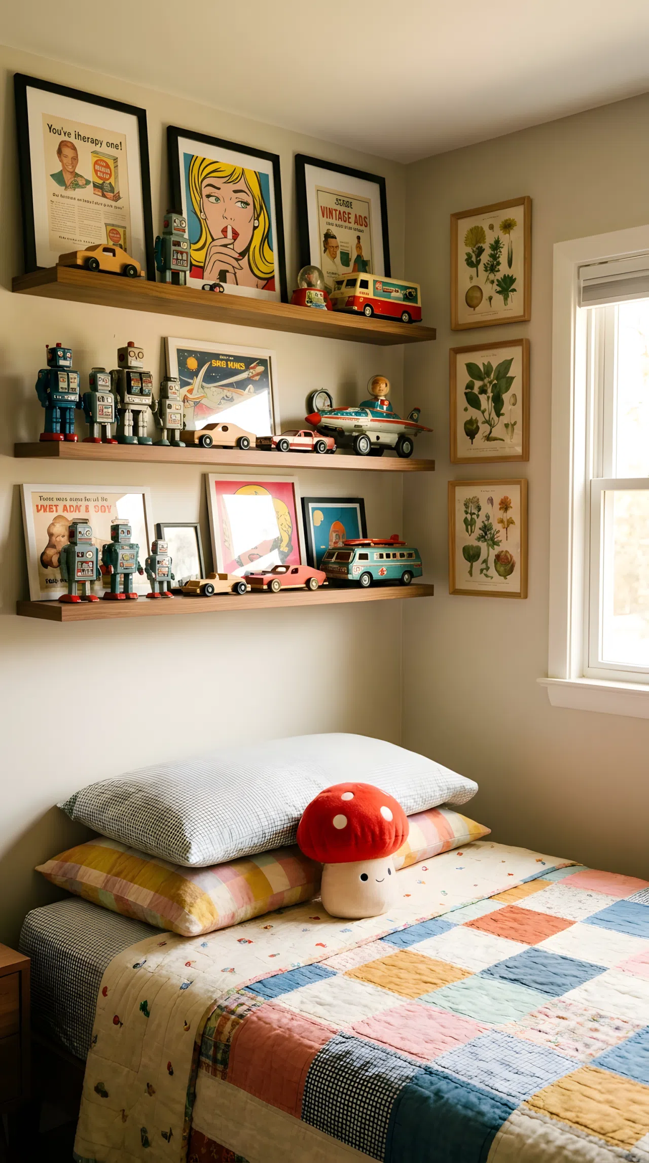 A neatly made bedroom with a retro-style gallery wall of vintage toys and framed prints displayed on floating shelves, small red mushroom-shaped plush toy resting on a beautifully arranged bed, warm bright natural light, clean and organized, real-life lifestyle photography, vibrant colors, no people, no text overlays.