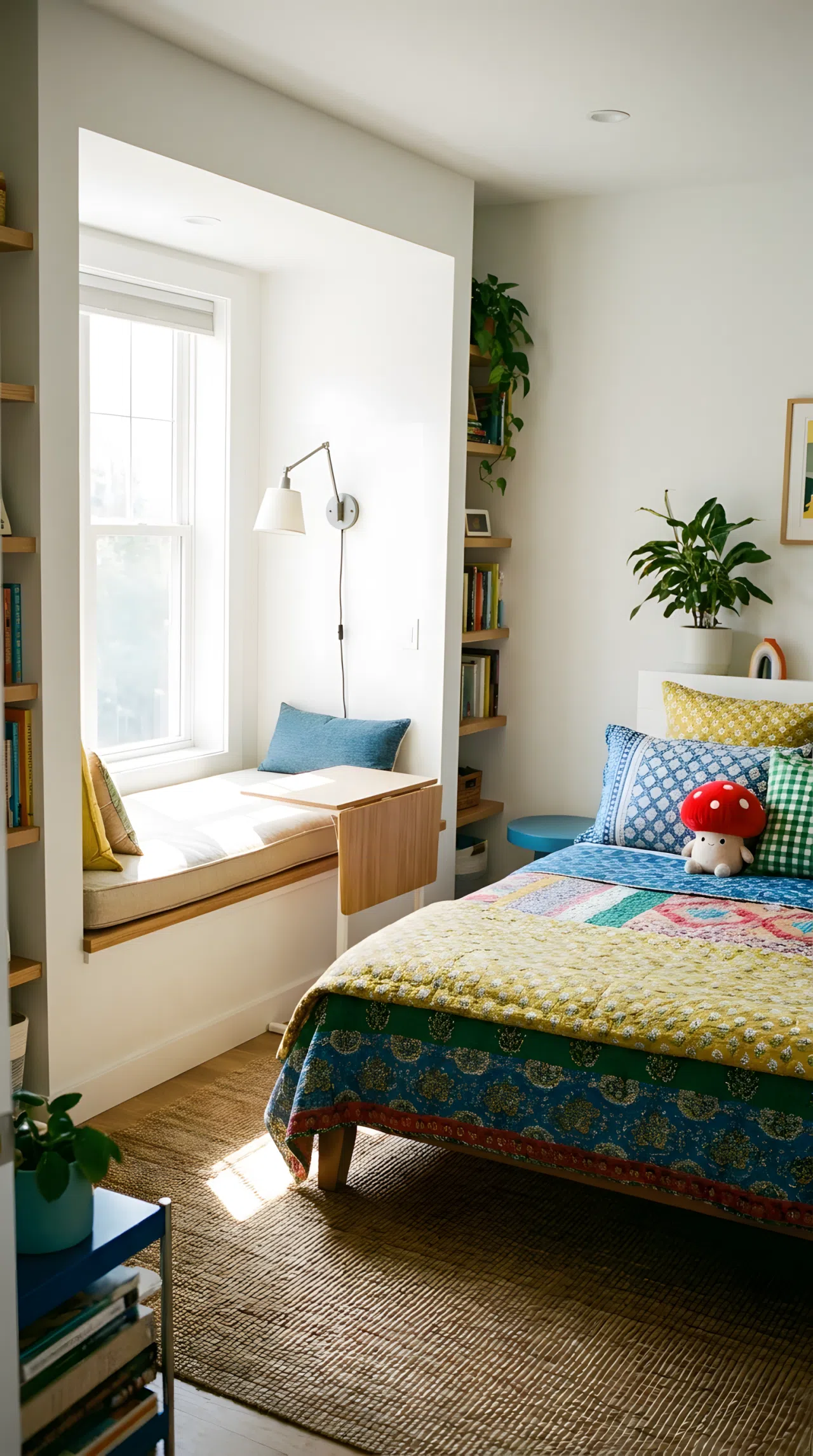 A tidy bedroom with a built-in window seat nook featuring a slim fold-down desk surface, small red mushroom-shaped plush toy on a beautifully arranged nearby bed, soft cushion and reading light, bright natural light through the window, clean and organized, real-life lifestyle photography, vibrant colors, no people, no text overlays.