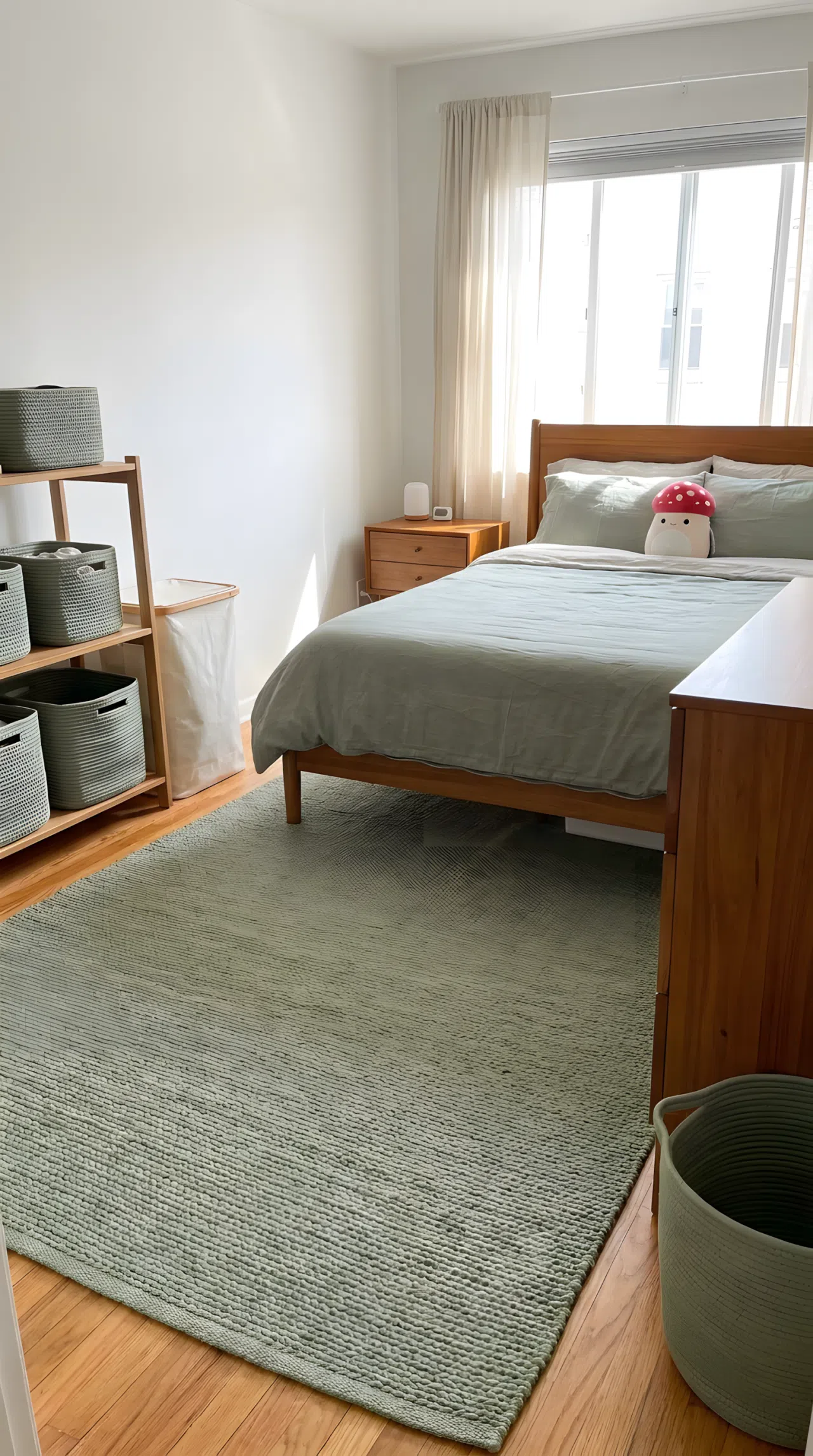 A neatly made bedroom with sage green textiles (RGB 138, 154, 120) including a woven rug and storage baskets, small red mushroom-shaped plush toy on a beautifully arranged bed, warm wood furniture, bright natural light, clean and organized, real-life lifestyle photography, vibrant colors, no people, no text overlays.