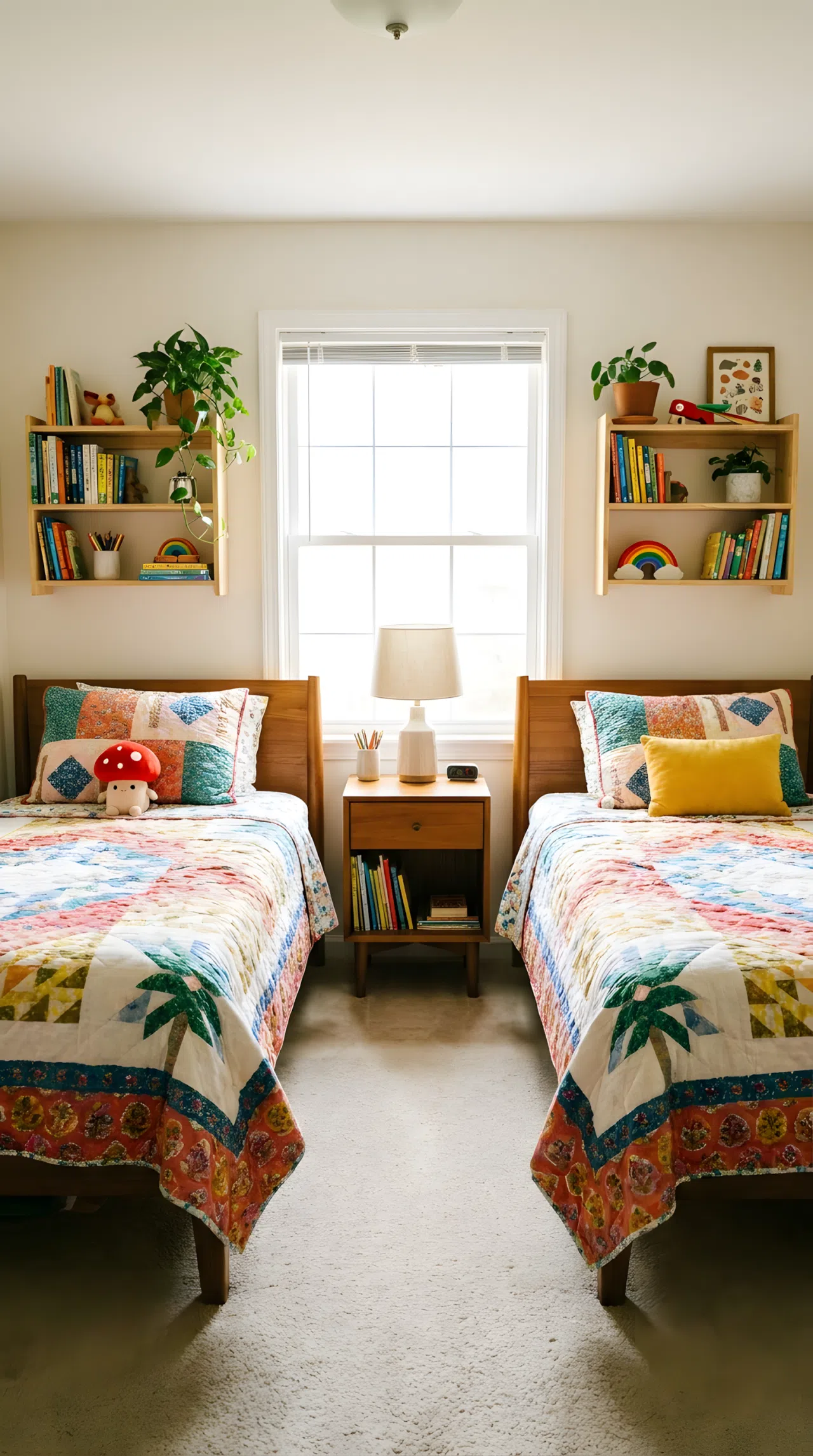 A neatly made shared bedroom with two symmetrical twin beds and a shared nightstand between them, small red mushroom-shaped plush toy resting on one bed, individual shelves on each side, bright natural light, clean and organized, real-life lifestyle photography, vibrant colors, no people, no text overlays.