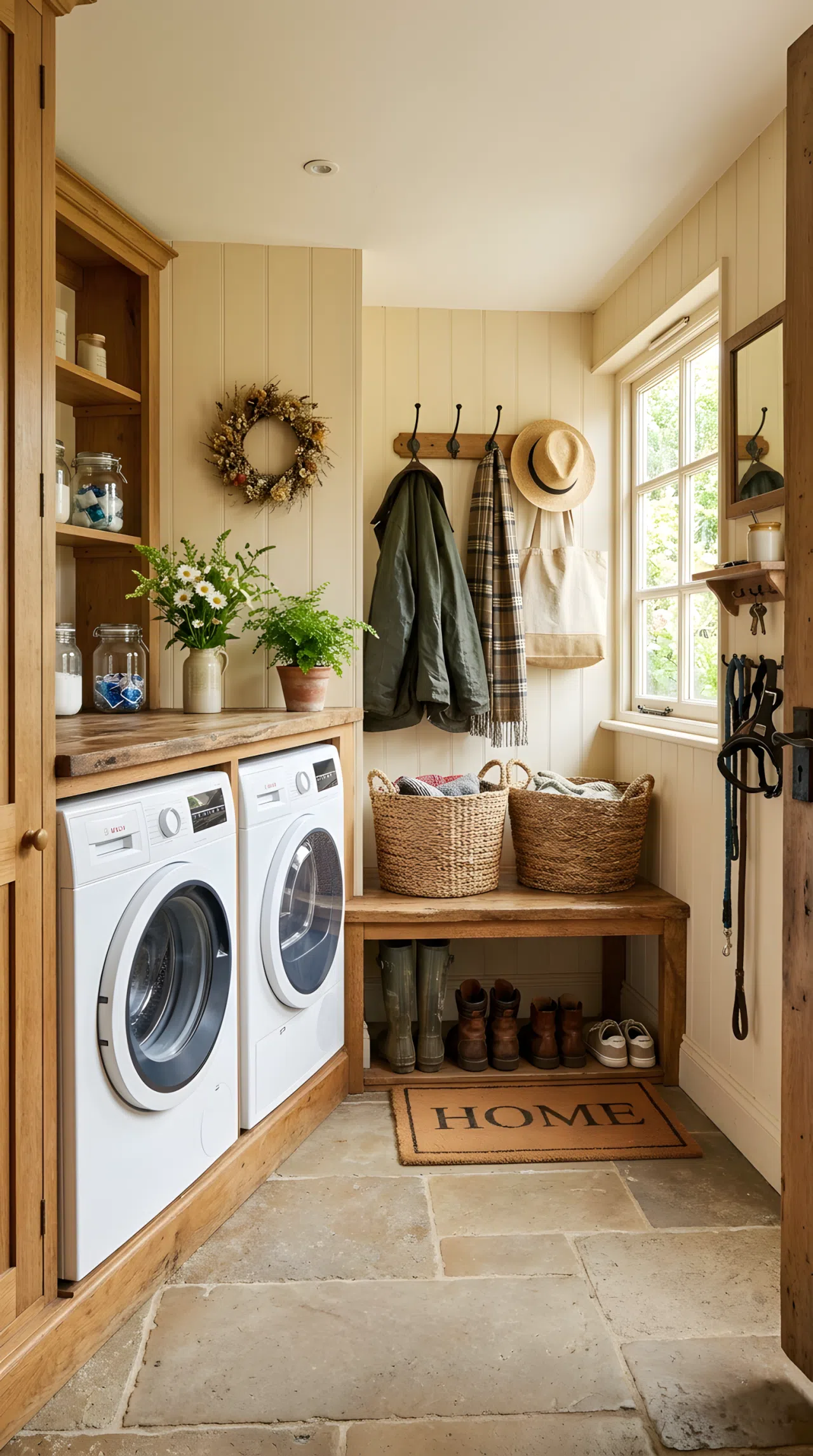 A cozy cottage mudroom-laundry combo with wooden bench, woven baskets, hanging hooks, and a washer-dryer set neatly tucked in, beautifully arranged with warm wood tones, organized boot storage, bright natural light streaming through a small window, real-life stock photography style, vibrant and inviting, COTTAGE aesthetic.