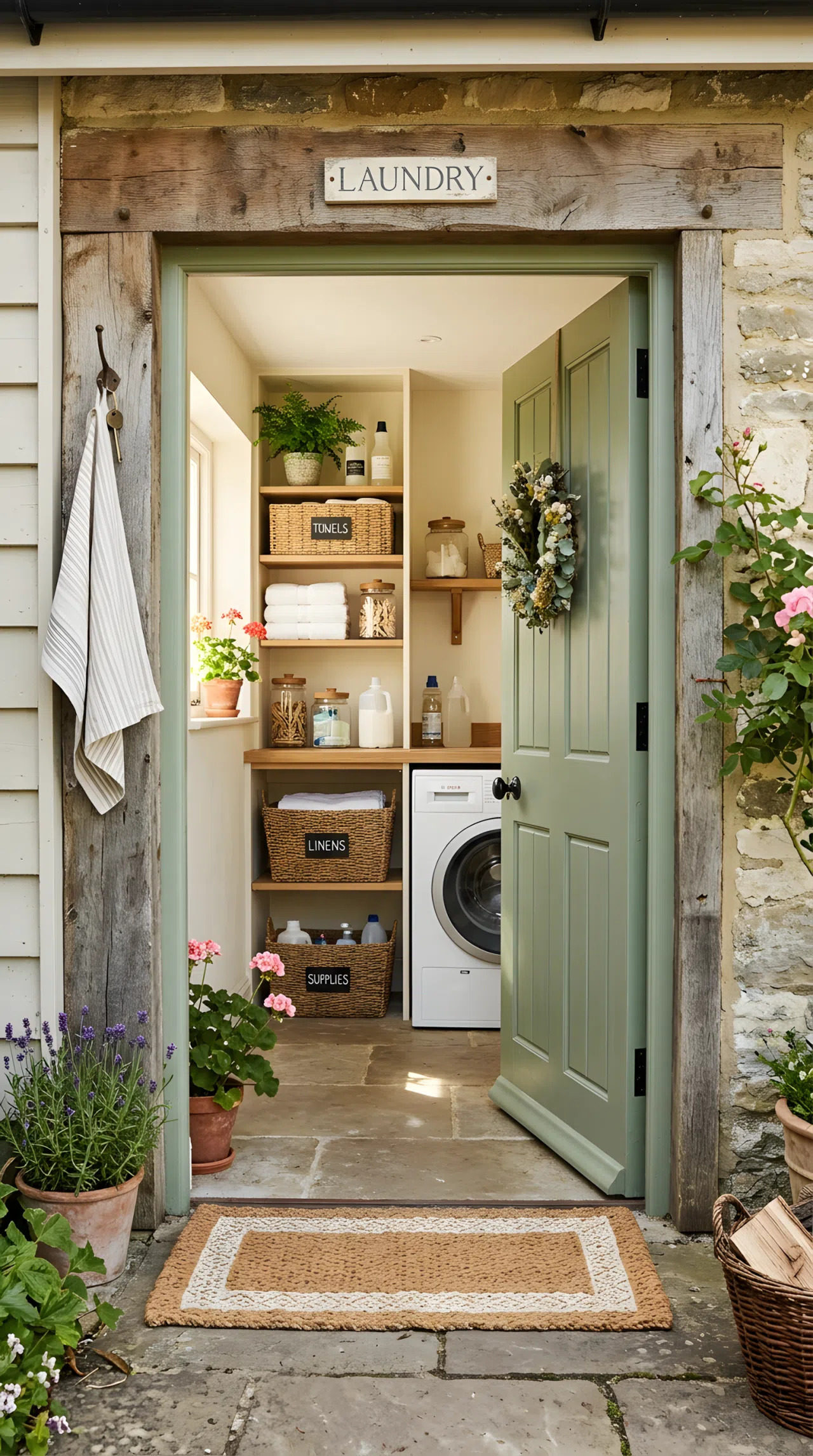 A cottage laundry room doorway framed with a reclaimed wood header, a painted door slightly open revealing neatly organized shelving inside, a woven mat on the floor, beautifully arranged, clean and bright, natural light streaming through, real-life stock photography style, vibrant, COTTAGE entrance.