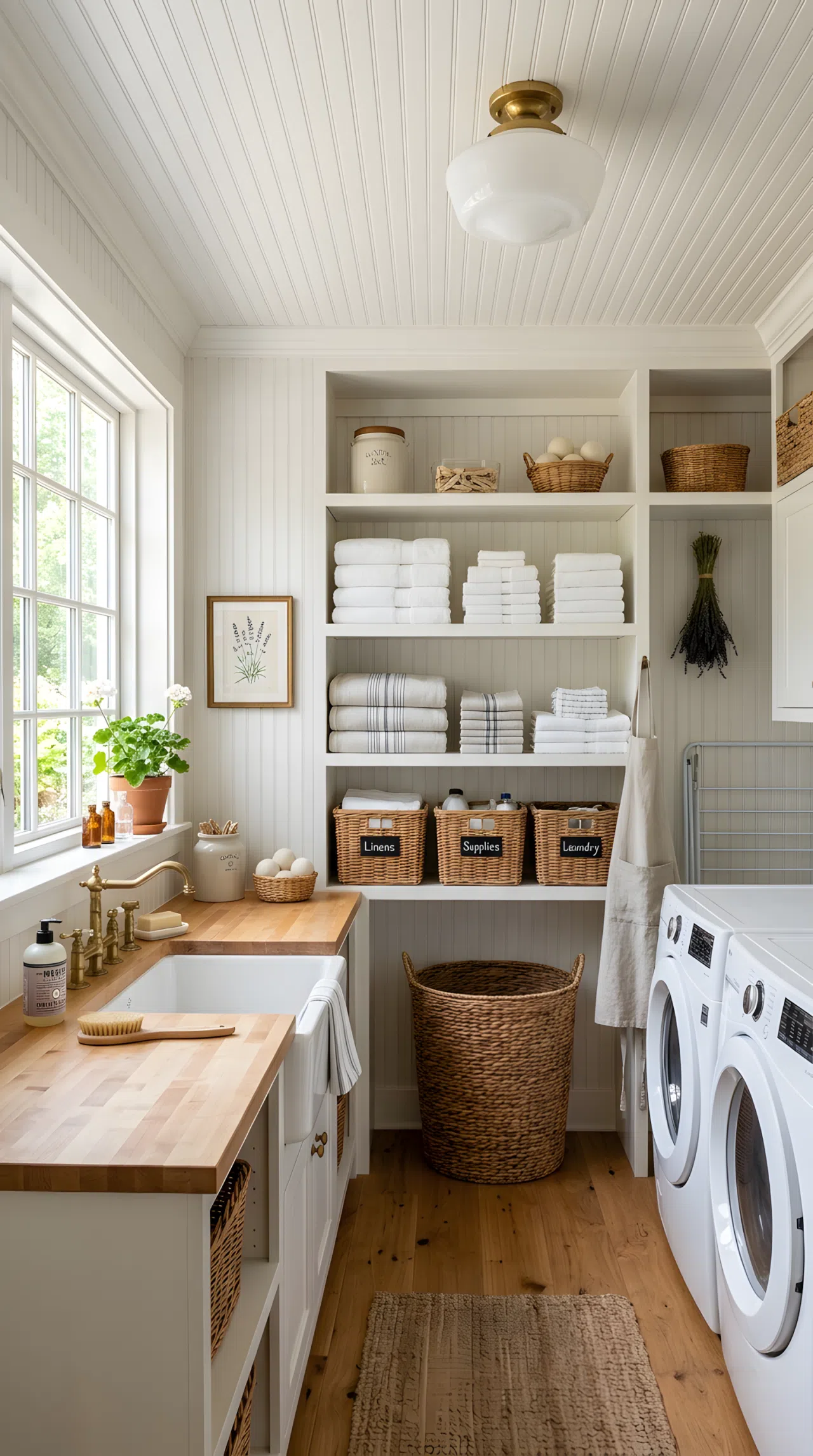 A cottage laundry room with a soft white beadboard ceiling, a simple flush-mount light fixture, neatly organized shelving below with folded towels, beautifully arranged and clean, bright natural light filling the room, real-life stock photography style, vibrant, COTTAGE detail.