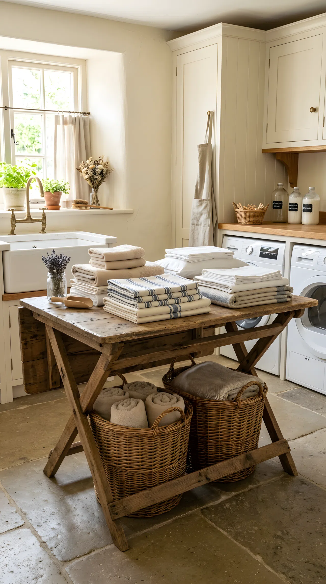 A freestanding reclaimed wood folding table in a cottage laundry room, neatly folded stacks of linens on top, woven baskets tucked underneath, beautifully arranged and organized, clean surfaces, bright natural light, real-life stock photography style, vibrant, COTTAGE grain texture.