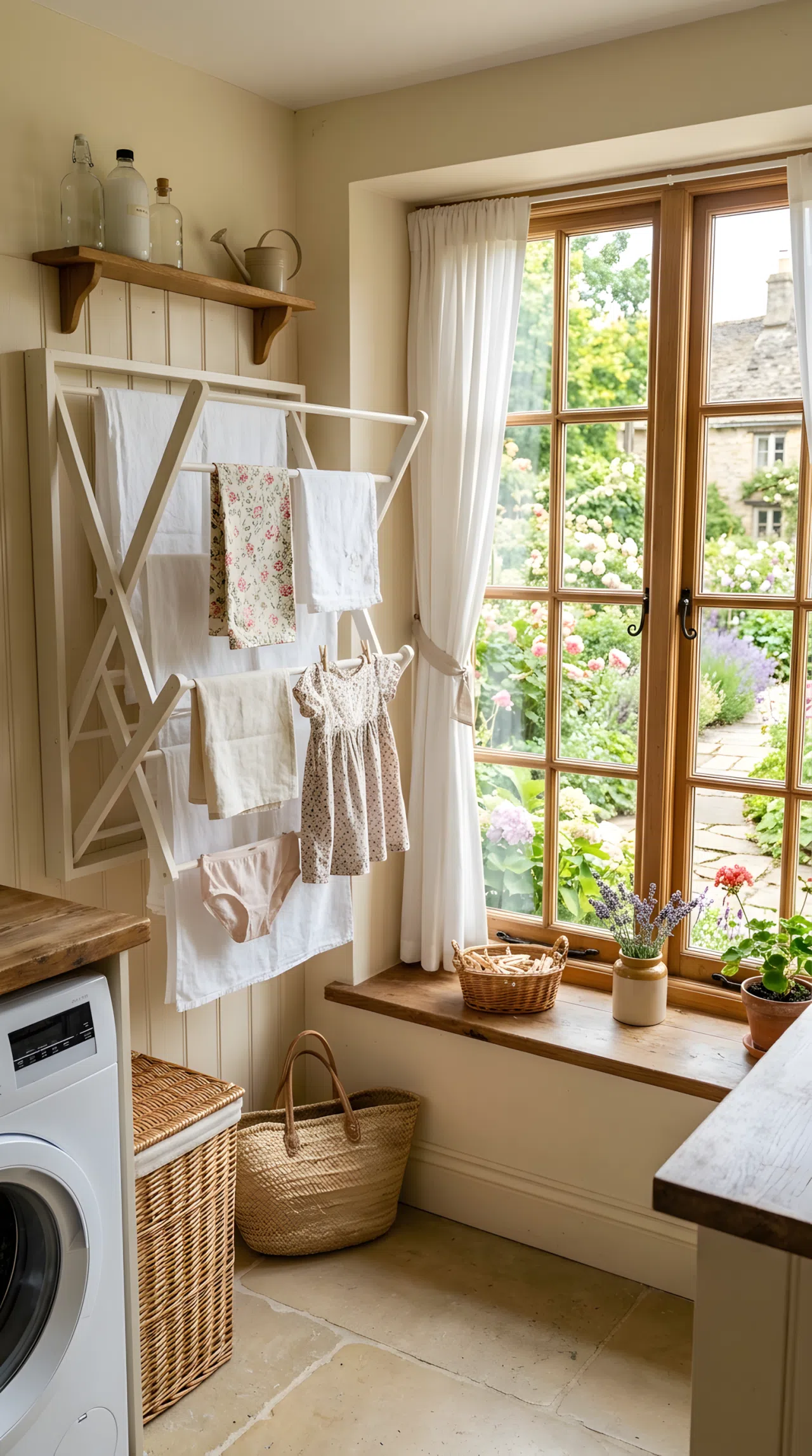 A cottage laundry room drying nook with a wall-mounted folding rack positioned beside a garden-facing window, delicate linens hanging neatly, soft afternoon light pouring in, beautifully arranged and organized, clean space, bright natural light emphasizing window placement, real-life stock photography style, vibrant, COTTAGE view.