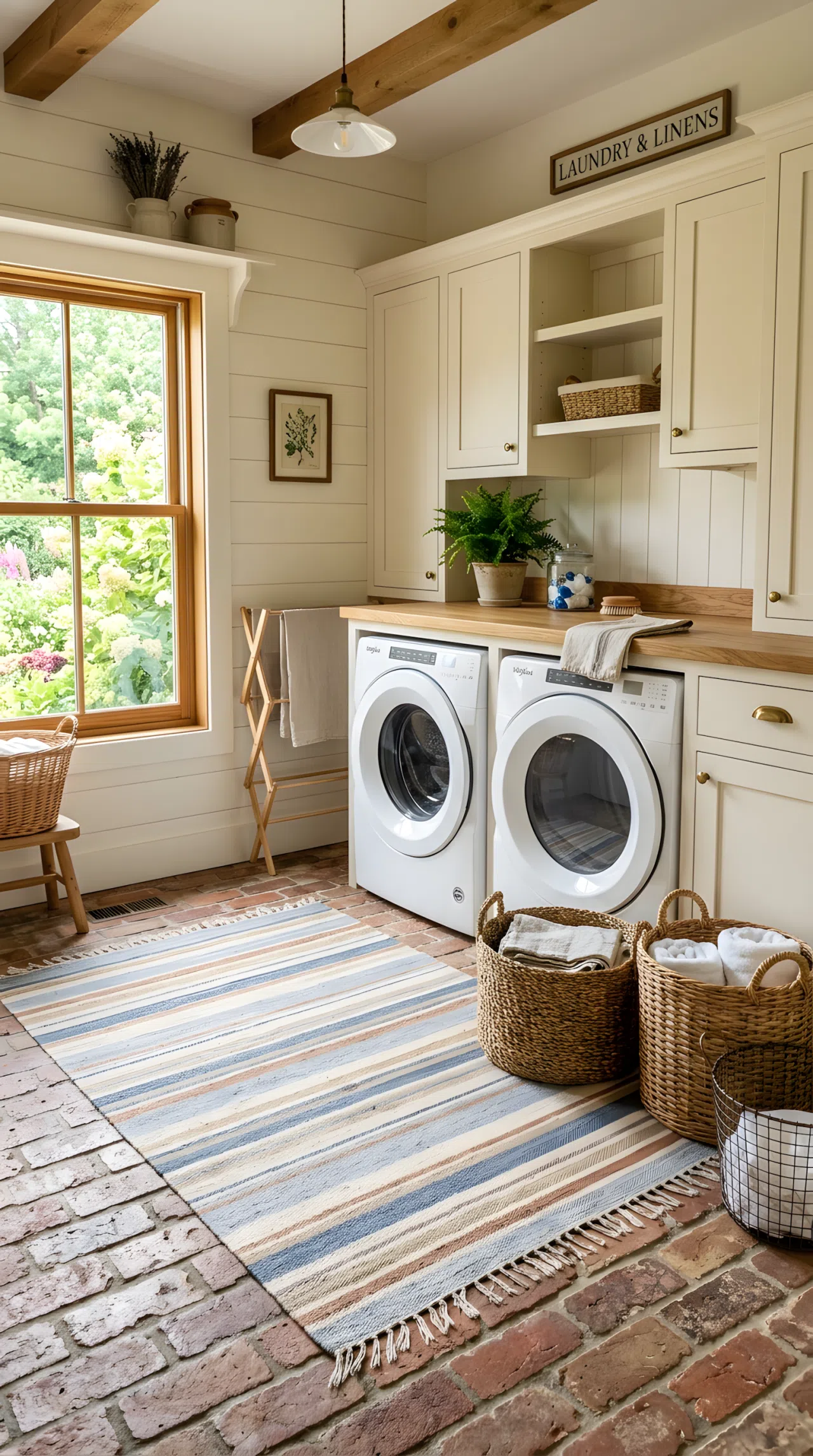 A cottage laundry room with reclaimed brick flooring layered with a soft faded striped rug, a washer and dryer neatly framed by wood cabinetry, beautifully arranged baskets nearby, clean and organized, bright natural light, real-life stock photography style, vibrant, COTTAGE texture mix.