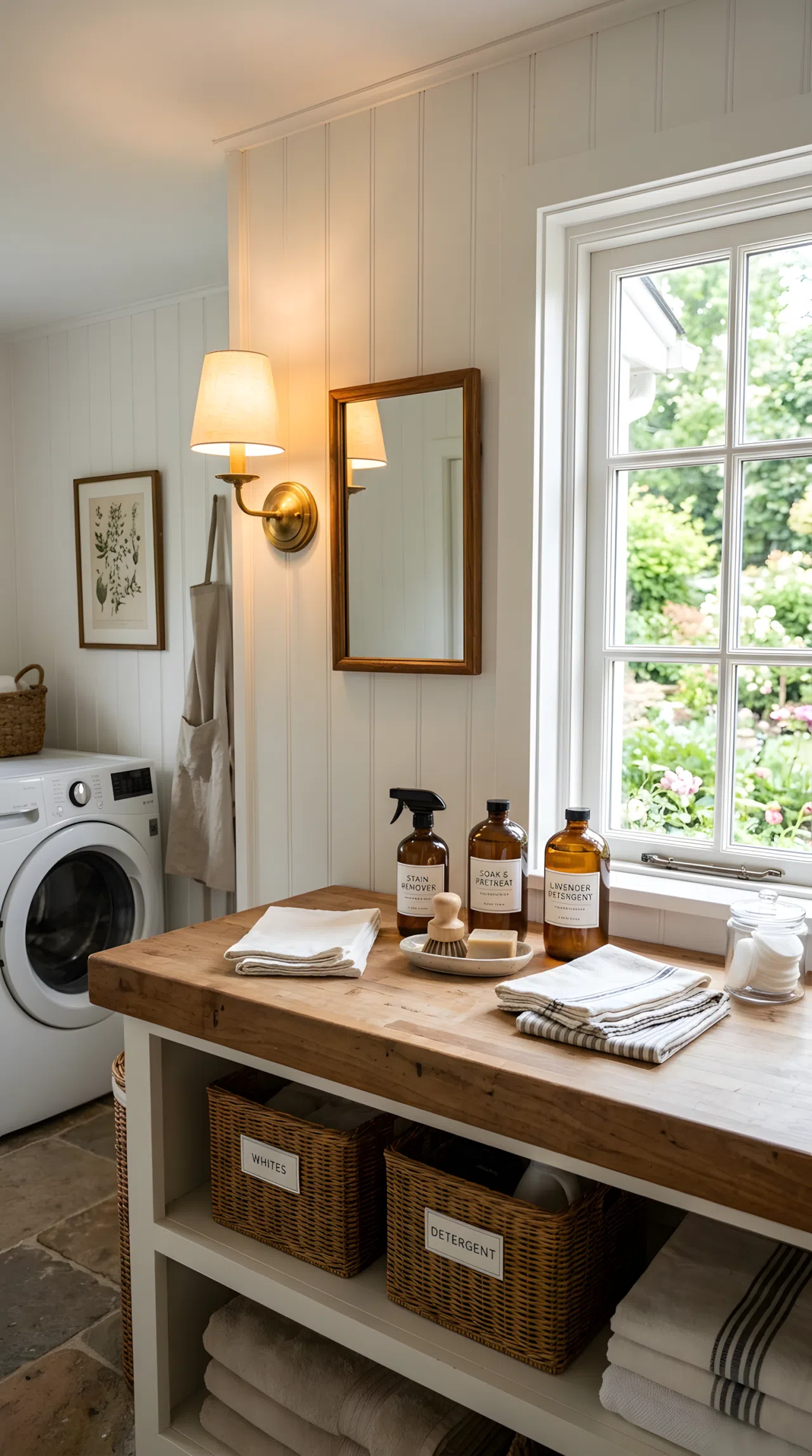 A cottage laundry room with a wall sconce mounted beside a small mirror above a counter, warm light casting evenly across a stain-treatment station, neatly arranged bottles and cloths, clean and organized, bright natural light blending with warm sconce glow, real-life stock photography style, vibrant, COTTAGE task lighting.