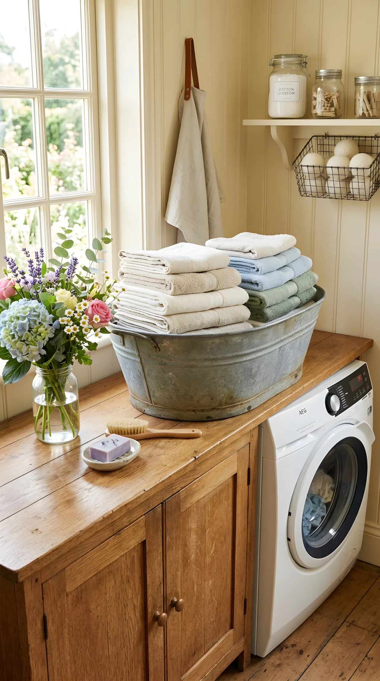 A rustic galvanized vintage washtub filled with neatly folded towels sitting on a wooden counter beside a washer, beautifully arranged with fresh flowers nearby, clean and organized surfaces, bright natural light, real-life stock photography style, vibrant colors, COTTAGE charm.