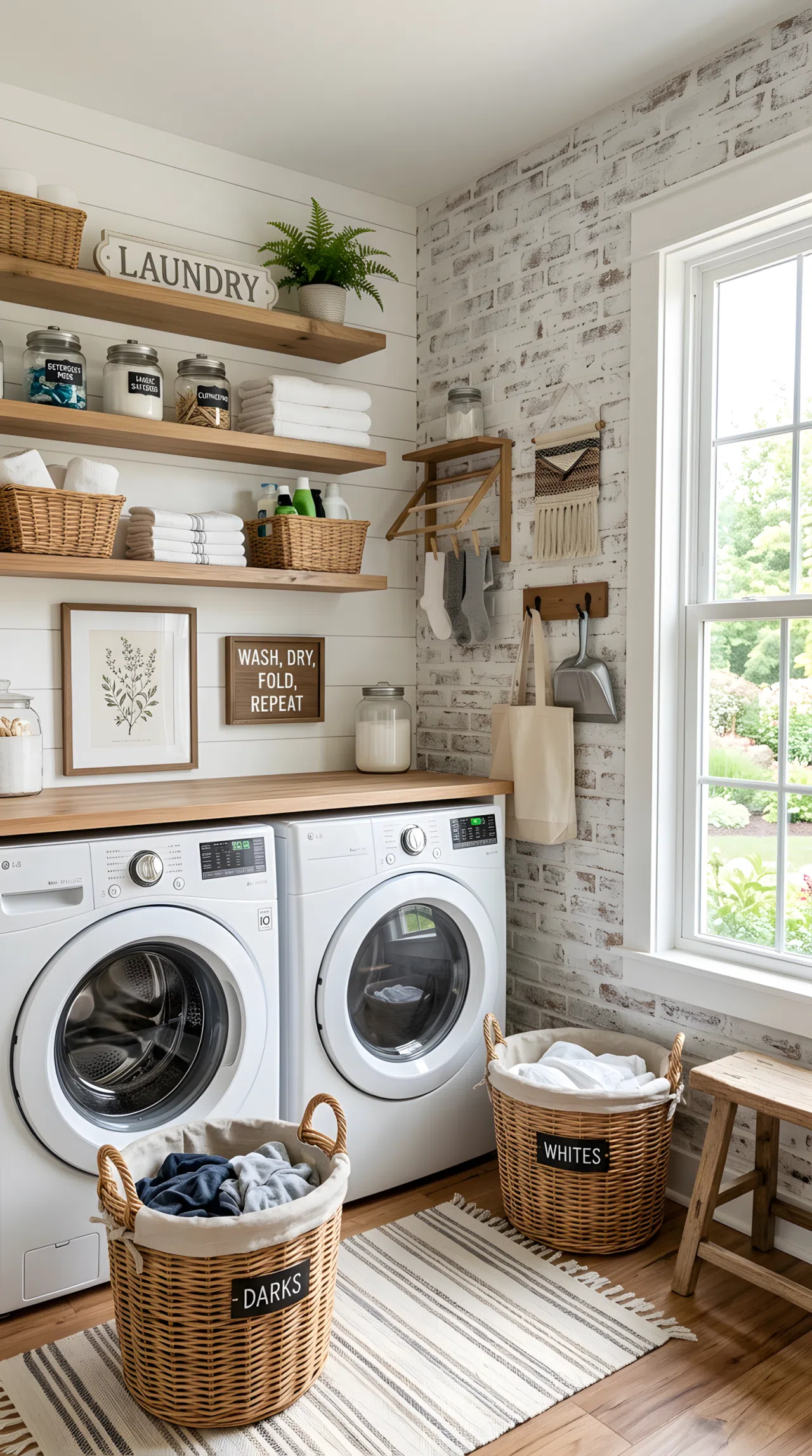 A cottage laundry room wall featuring white shiplap paneling next to a faux brick accent section, neatly made shelving above a washer and dryer, organized and clean, beautifully arranged laundry baskets, bright natural light, real-life stock photography style, vibrant, COTTAGE textures.