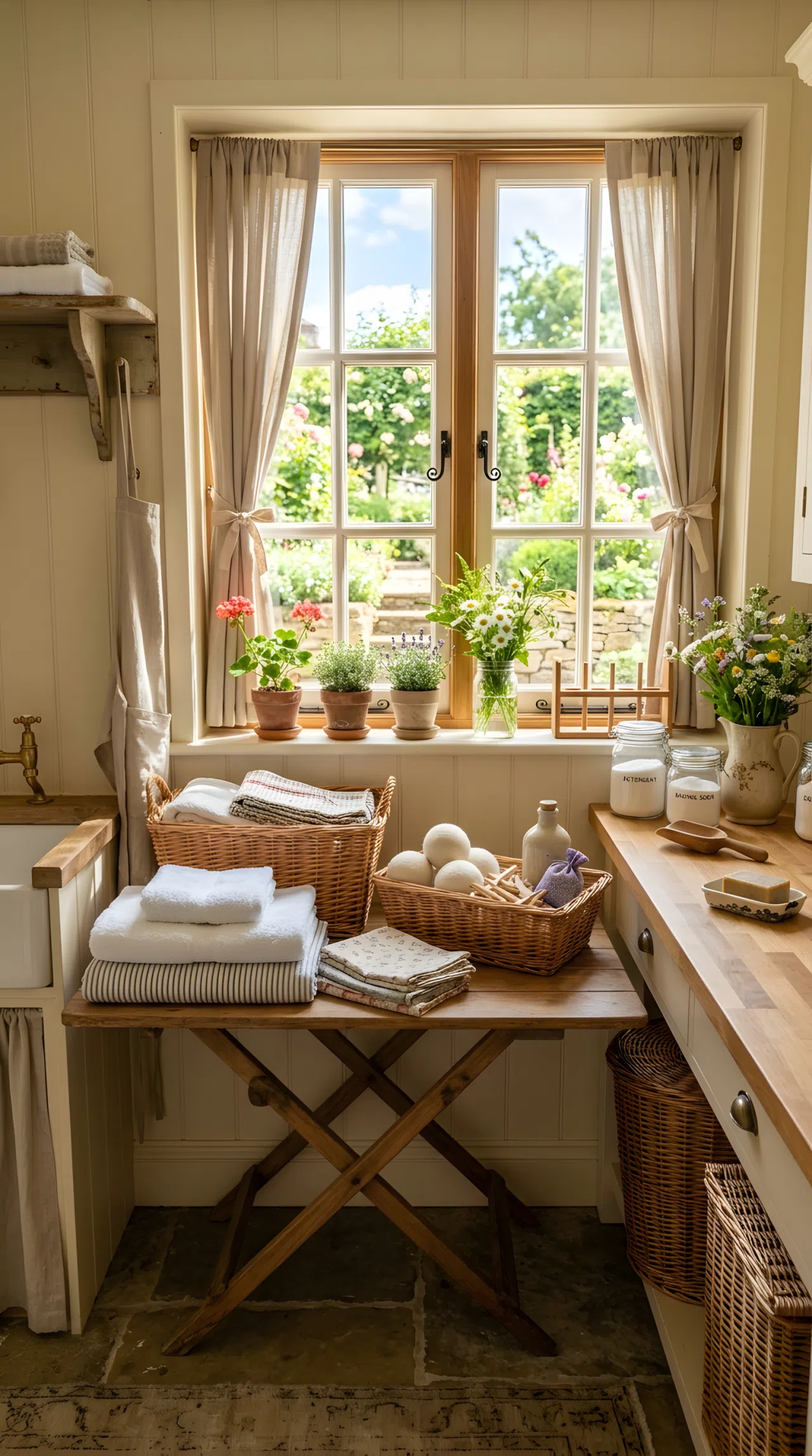 A sunlit cottage laundry room with a folding table positioned directly beneath a window, soft morning light spilling across neatly folded linens, beautifully arranged baskets, clean and organized countertop, bright natural light emphasizing the window placement, real-life stock photography style, vibrant, COTTAGE mood.