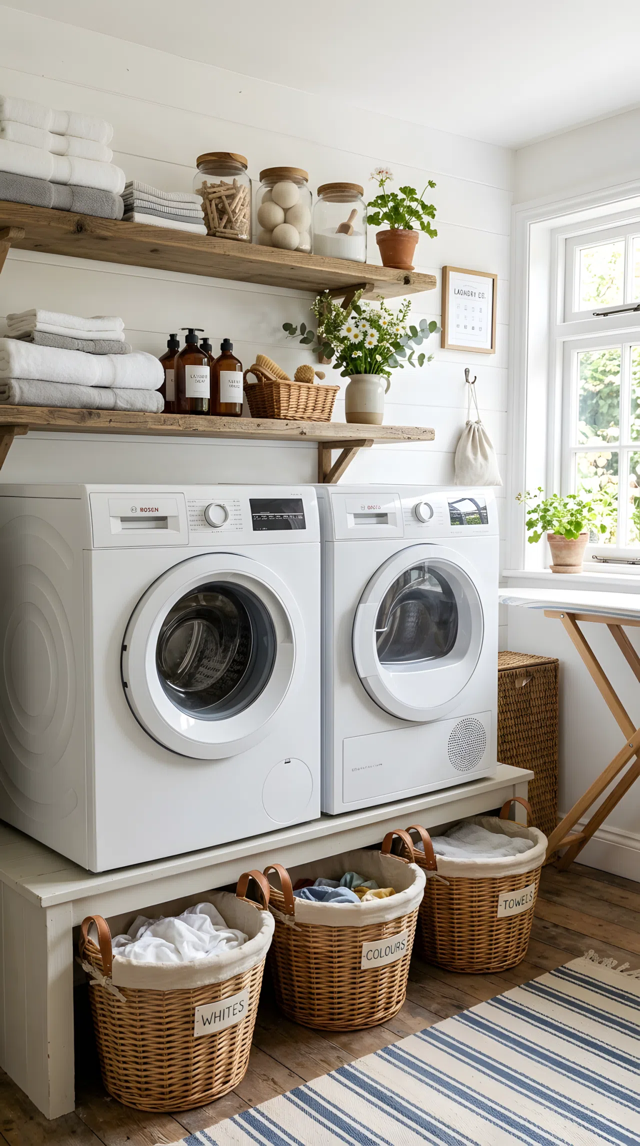 Reclaimed wood open shelving mounted above a washer and dryer, neatly made stacks of folded towels and glass jars, beautifully arranged baskets underneath, organized and clean cottage laundry room, bright natural light, real-life stock photography style, vibrant, COTTAGE rustic charm.