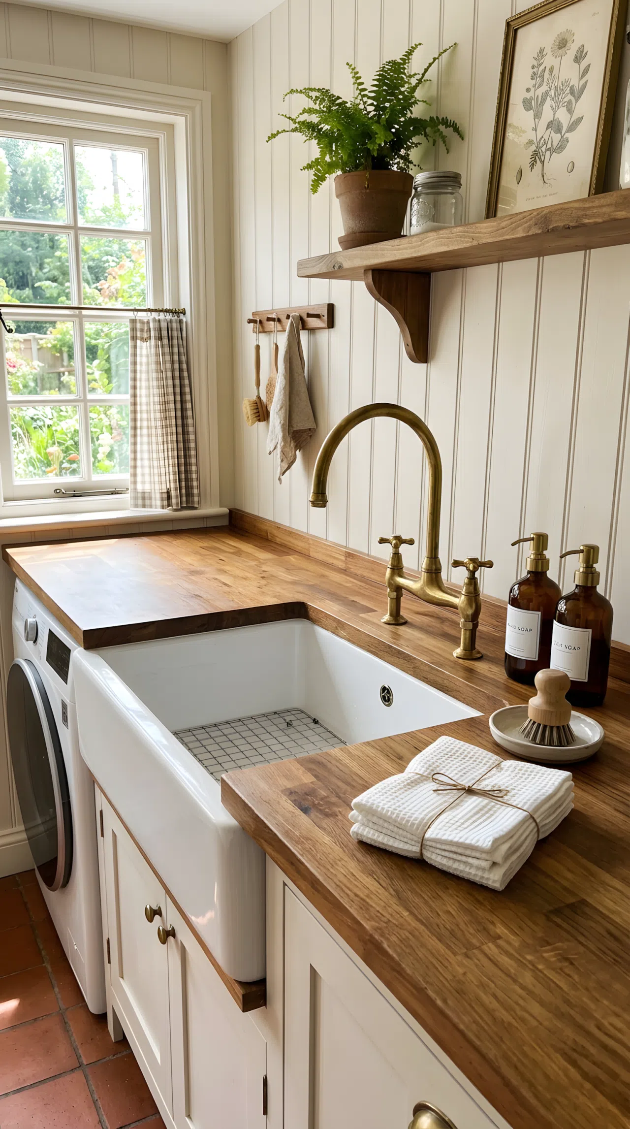 A deep white farmhouse apron-front sink with a brass gooseneck faucet in a cottage laundry room, neatly arranged soap dispensers and folded rags beside it, clean and organized counter space, bright natural light, real-life stock photography style, vibrant, COTTAGE character.