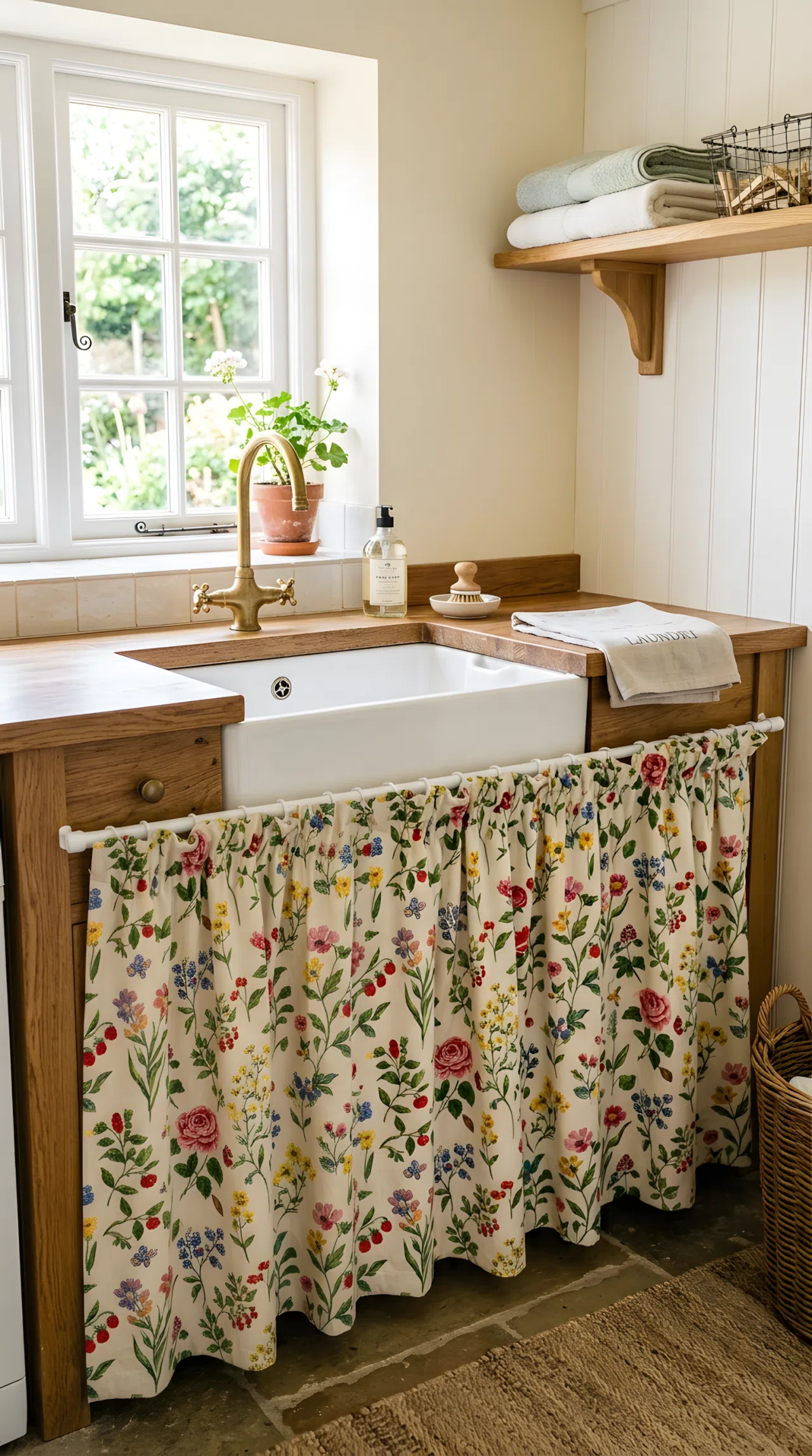 A cottage laundry room sink with a soft floral cottage-print curtain hanging beneath on a tension rod, neatly arranged cleaning supplies hidden behind, clean and organized counter above, bright natural light, real-life stock photography style, vibrant colors, COTTAGE softness.