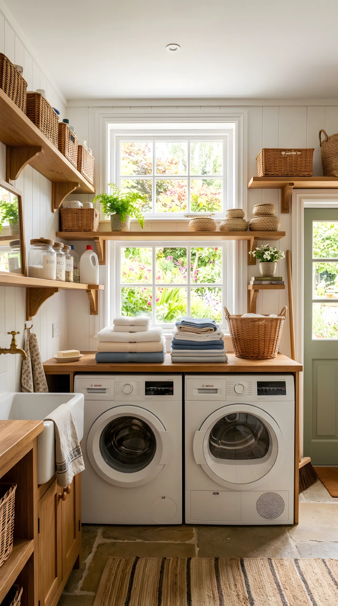 A cottage laundry room with a small transom window positioned directly above the washer and dryer, soft overhead daylight illuminating neatly folded laundry below, beautifully arranged shelving, clean and organized space, bright natural light emphasizing the window placement, real-life stock photography style, vibrant, COTTAGE glow.