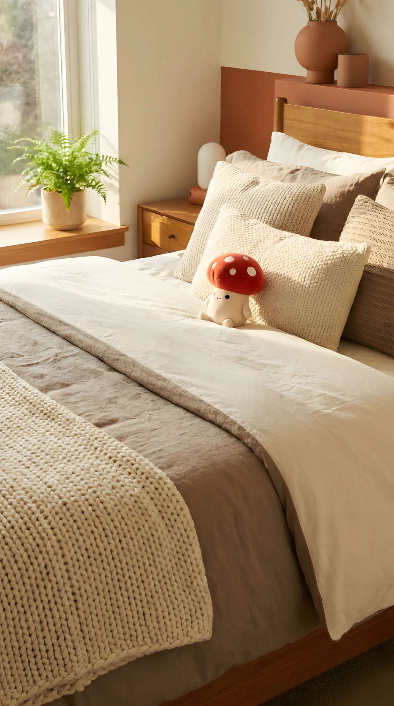 A neatly made bed with layered ivory and warm taupe bedding, chunky knit throw folded at the foot, small red mushroom-shaped plush toy resting on the pillow, beautifully arranged textured cushions, soft bright natural light from a nearby window, real-life photography, clean and organized bedroom, vibrant warm tones, shot on DSLR, shallow depth of field