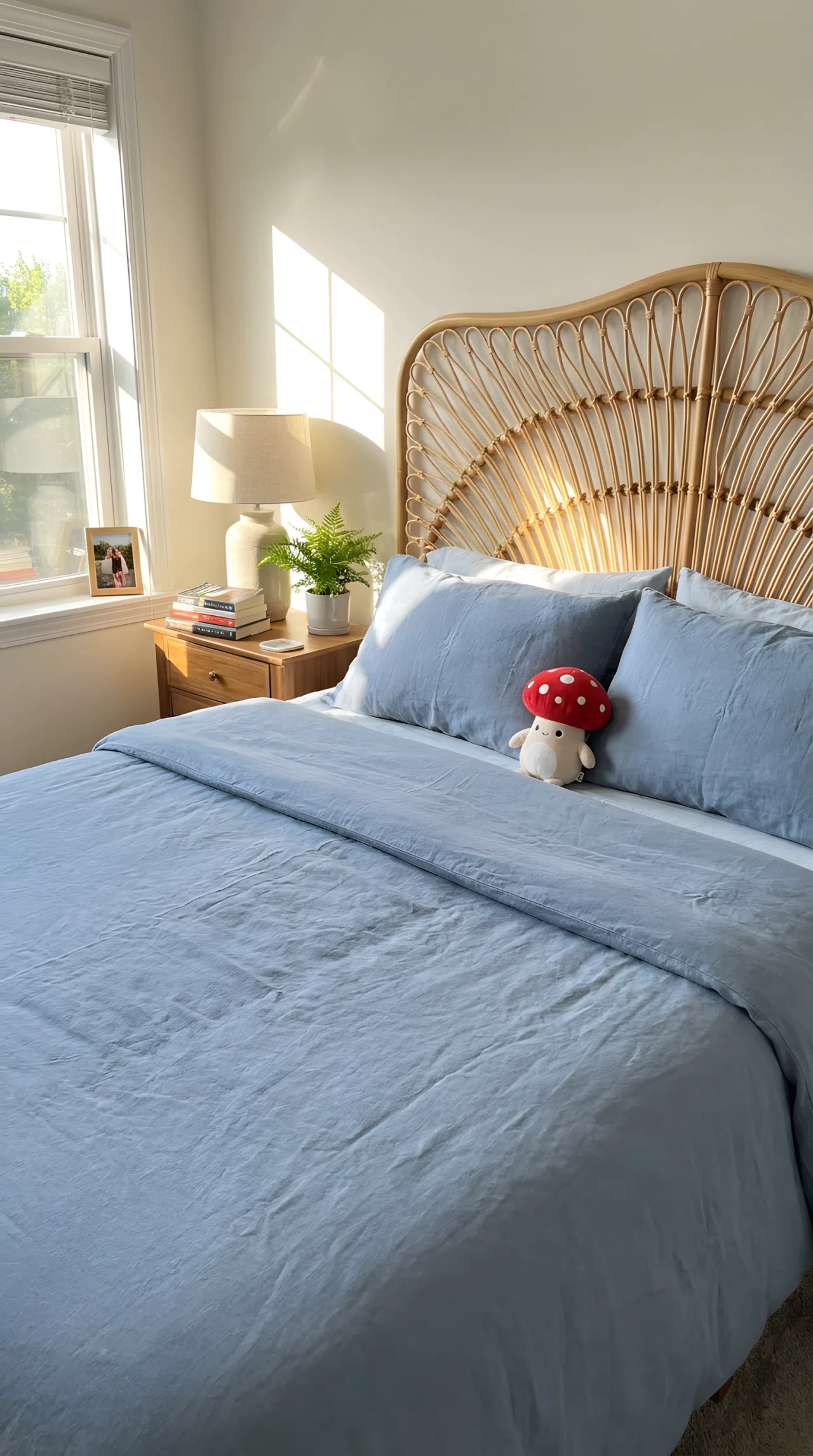 Bed with a woven rattan headboard, neatly made with soft dusty blue bedding (RGB 168, 189, 209), small red mushroom-shaped plush toy on the pillow, organized bedside styling, bright natural light highlighting the texture, real-life photography, vibrant clean composition